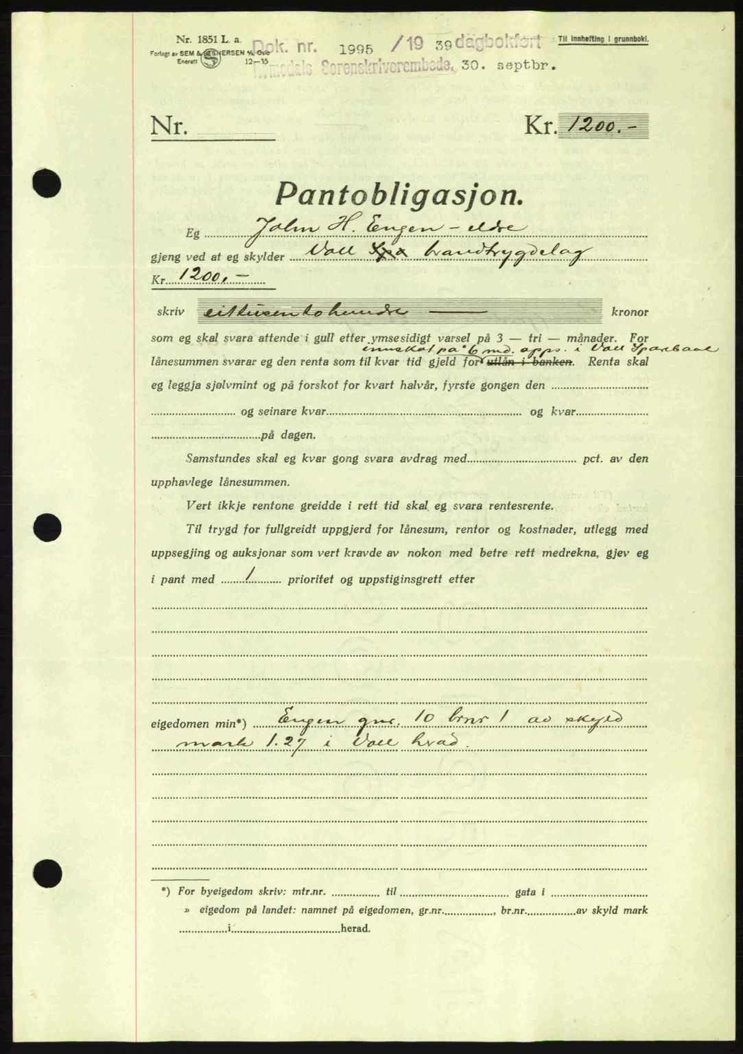 Romsdal sorenskriveri, SAT/A-4149/1/2/2C: Pantebok nr. B2, 1939-1945, Dagboknr: 1995/1939