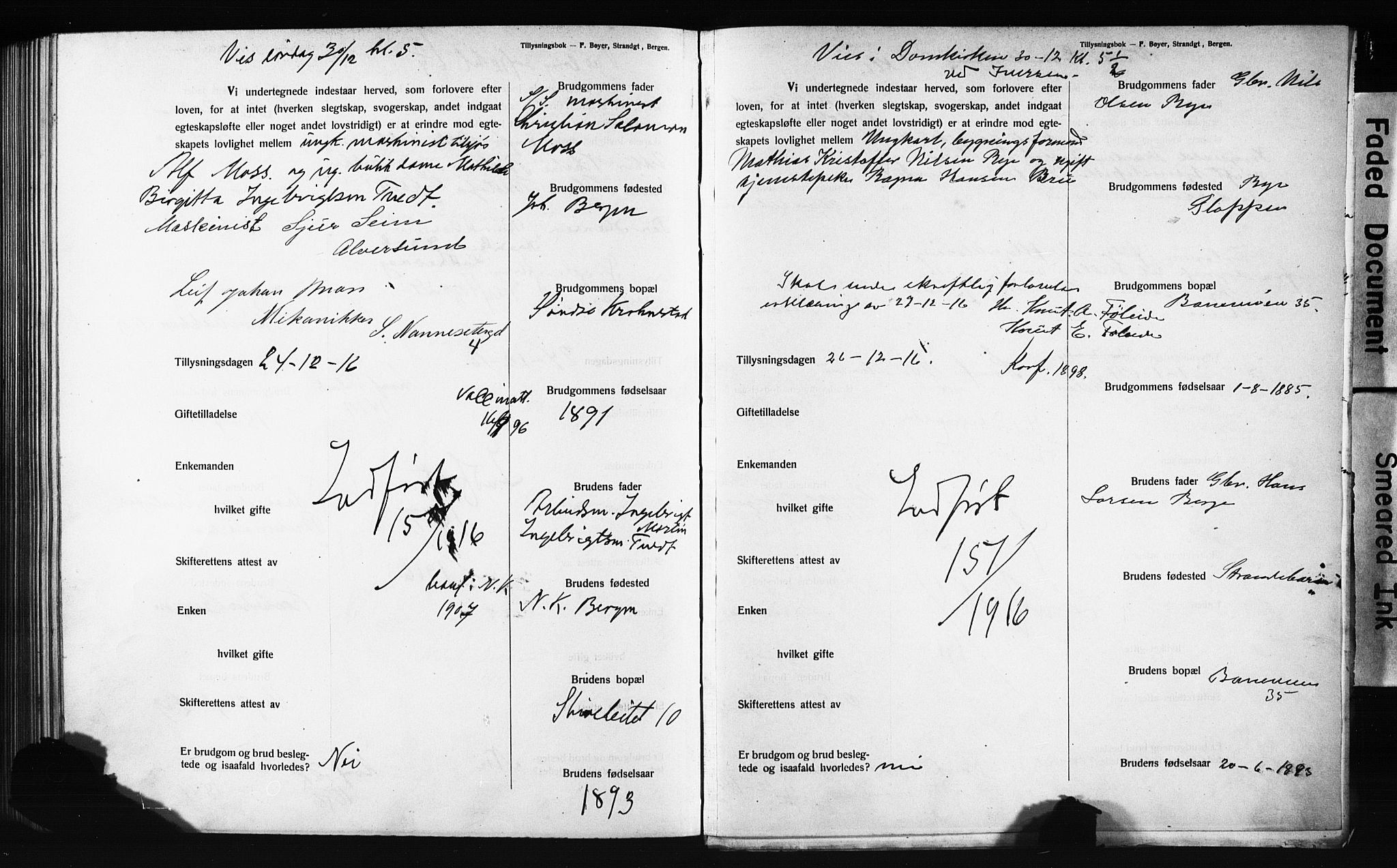 Domkirken sokneprestembete, SAB/A-74801: Forlovererklæringer nr. II.5.12, 1910-1917, s. 399