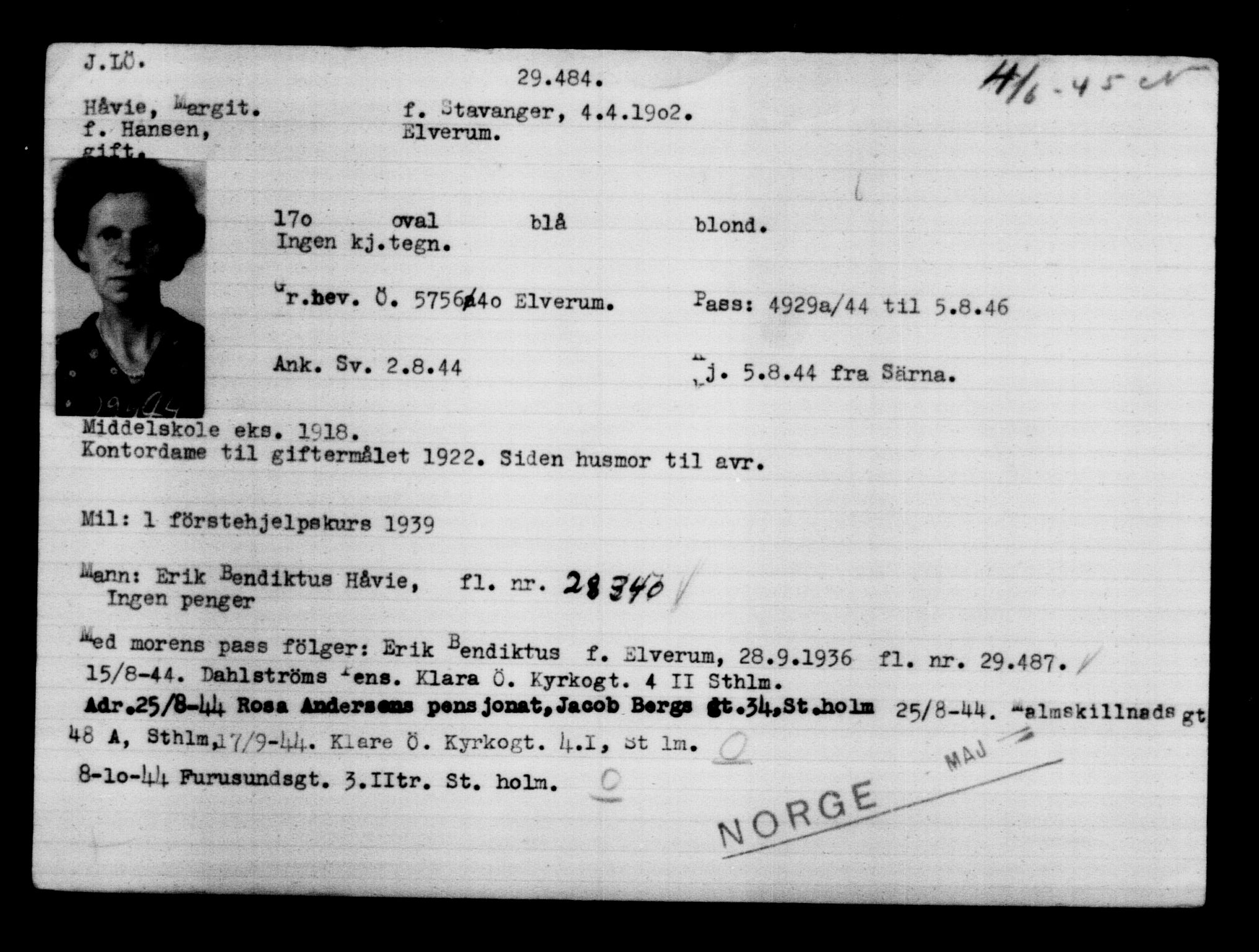 Utenriksstasjonene, Legasjonen i Stockholm, Flyktningkontoret, AV/RA-S-6753/V/Va/L0012: Kjesäterkartoteket, flyktninger med registreringsnr. 28300-31566, 1940-1945, s. 1298