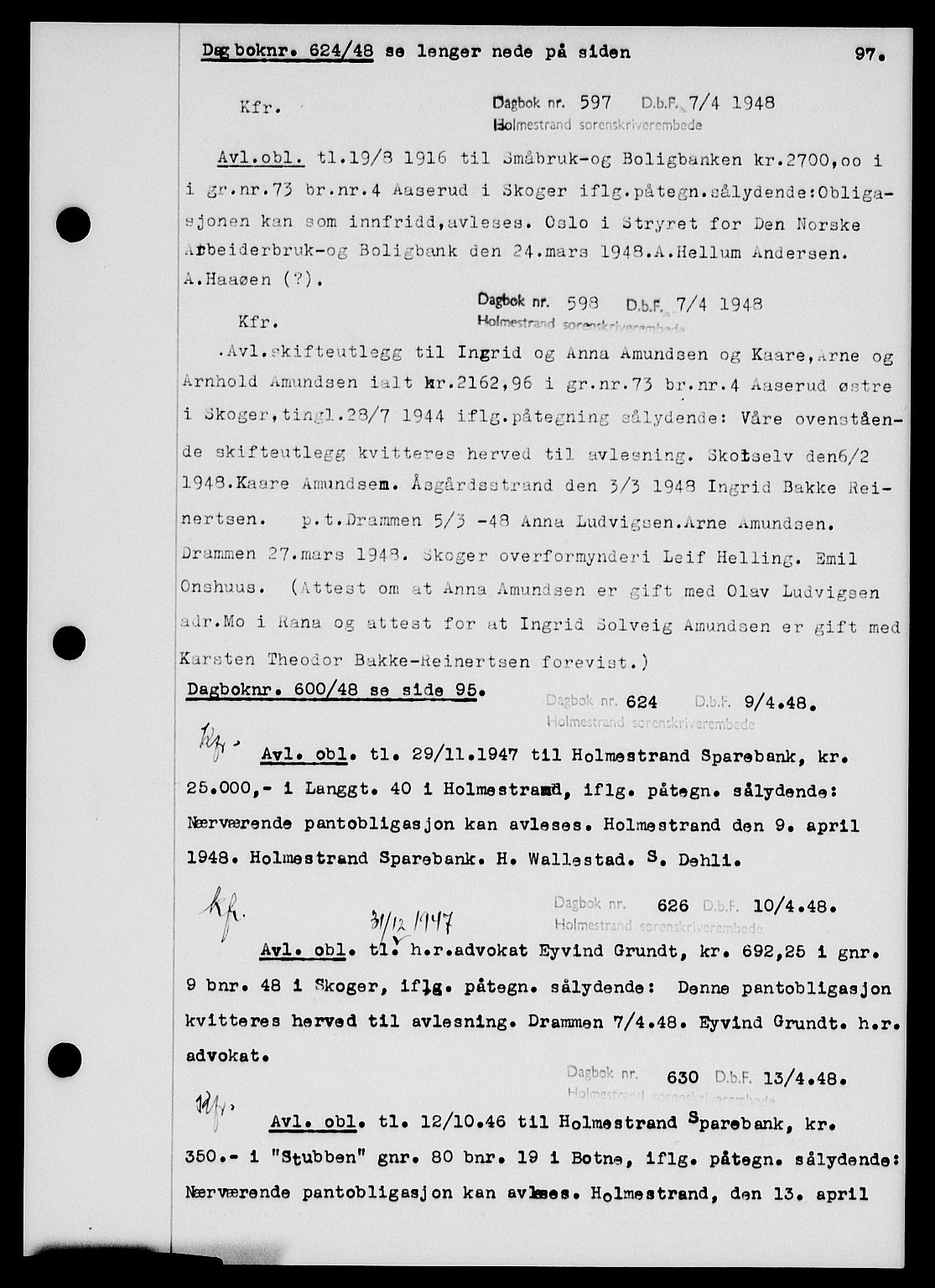 Holmestrand sorenskriveri, SAKO/A-67/G/Ga/Gab/L0058: Pantebok nr. B-58, 1947-1948, s. 97, Dagboknr: 597/1948