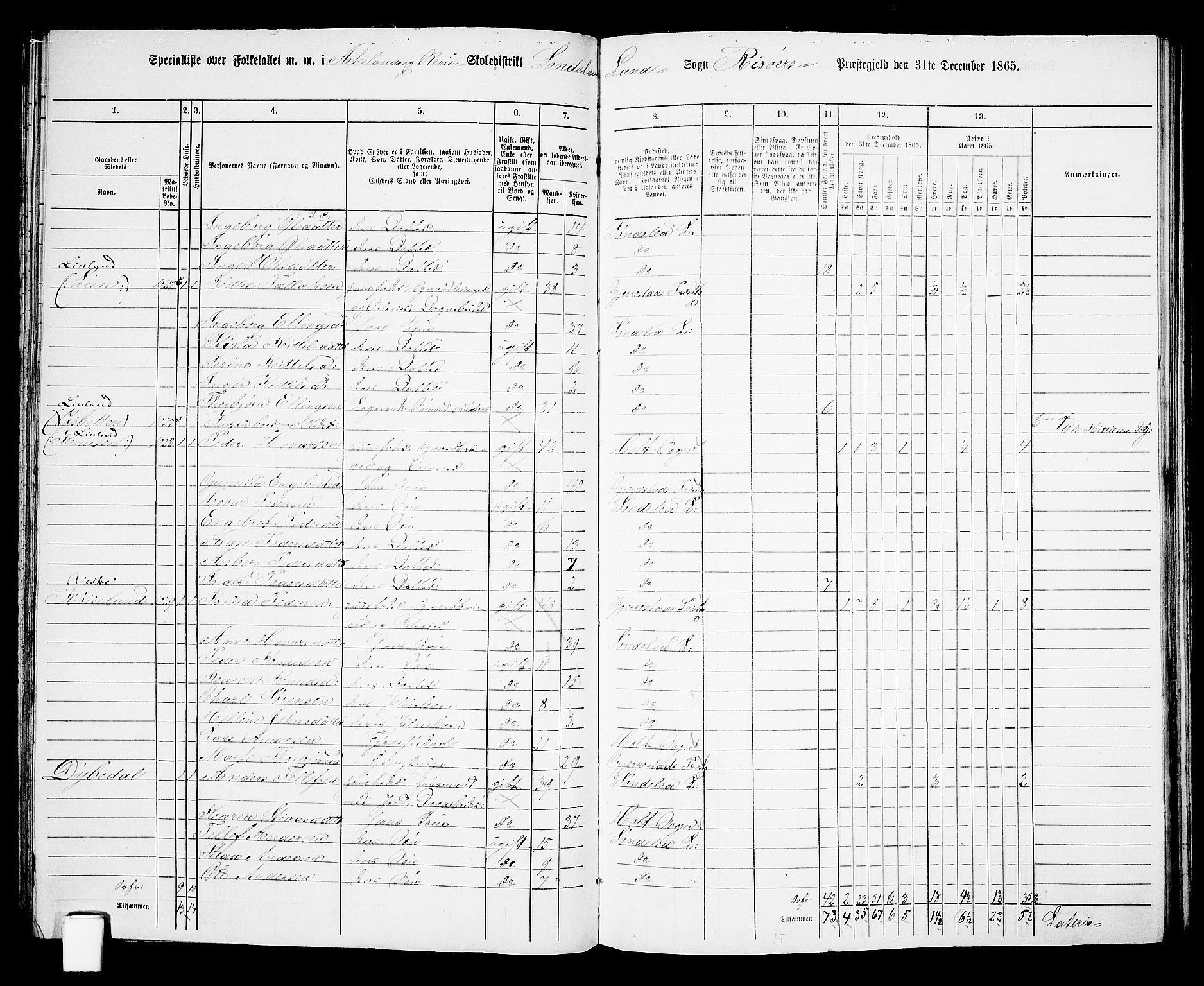 RA, Folketelling 1865 for 0913L Risør prestegjeld, Søndeled sokn, 1865, s. 70