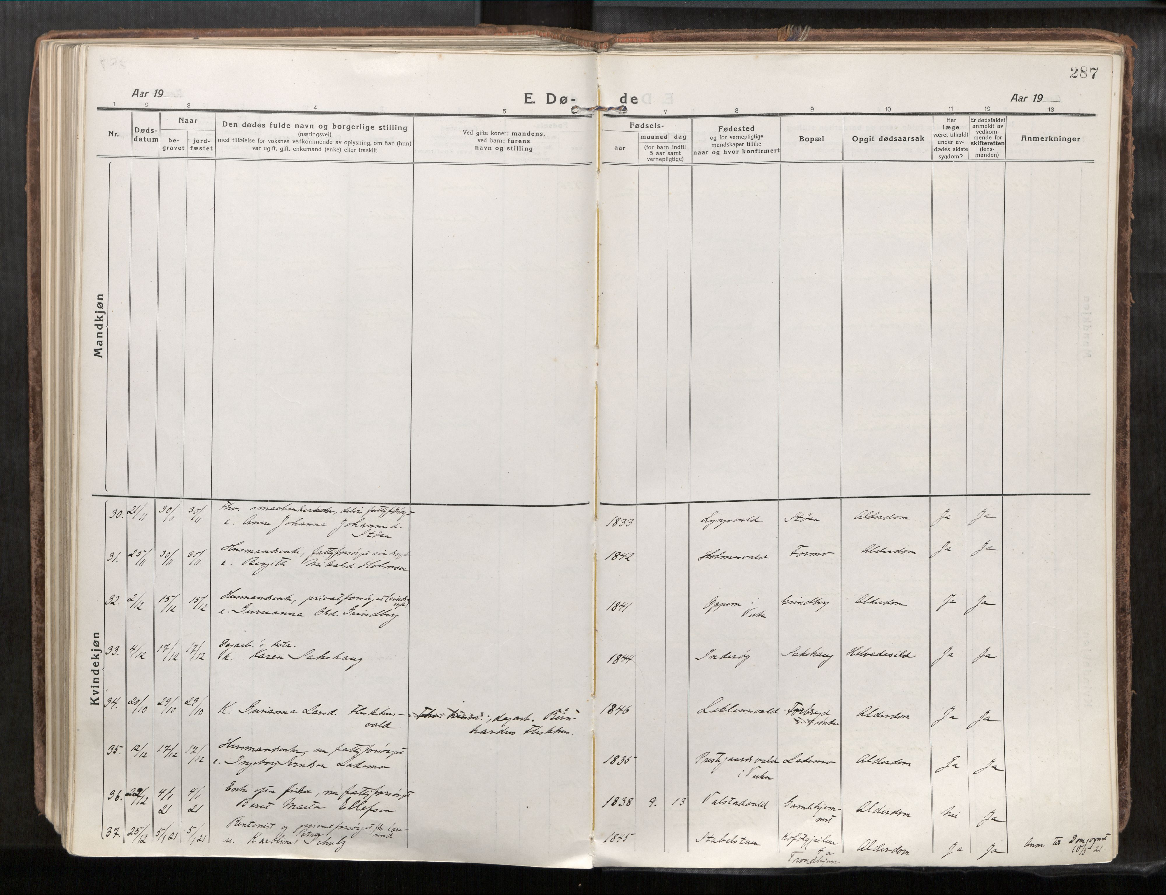 Verdal sokneprestkontor, AV/SAT-A-1156/2/H/Haa/L0001: Ministerialbok nr. 1, 1917-1932, s. 287