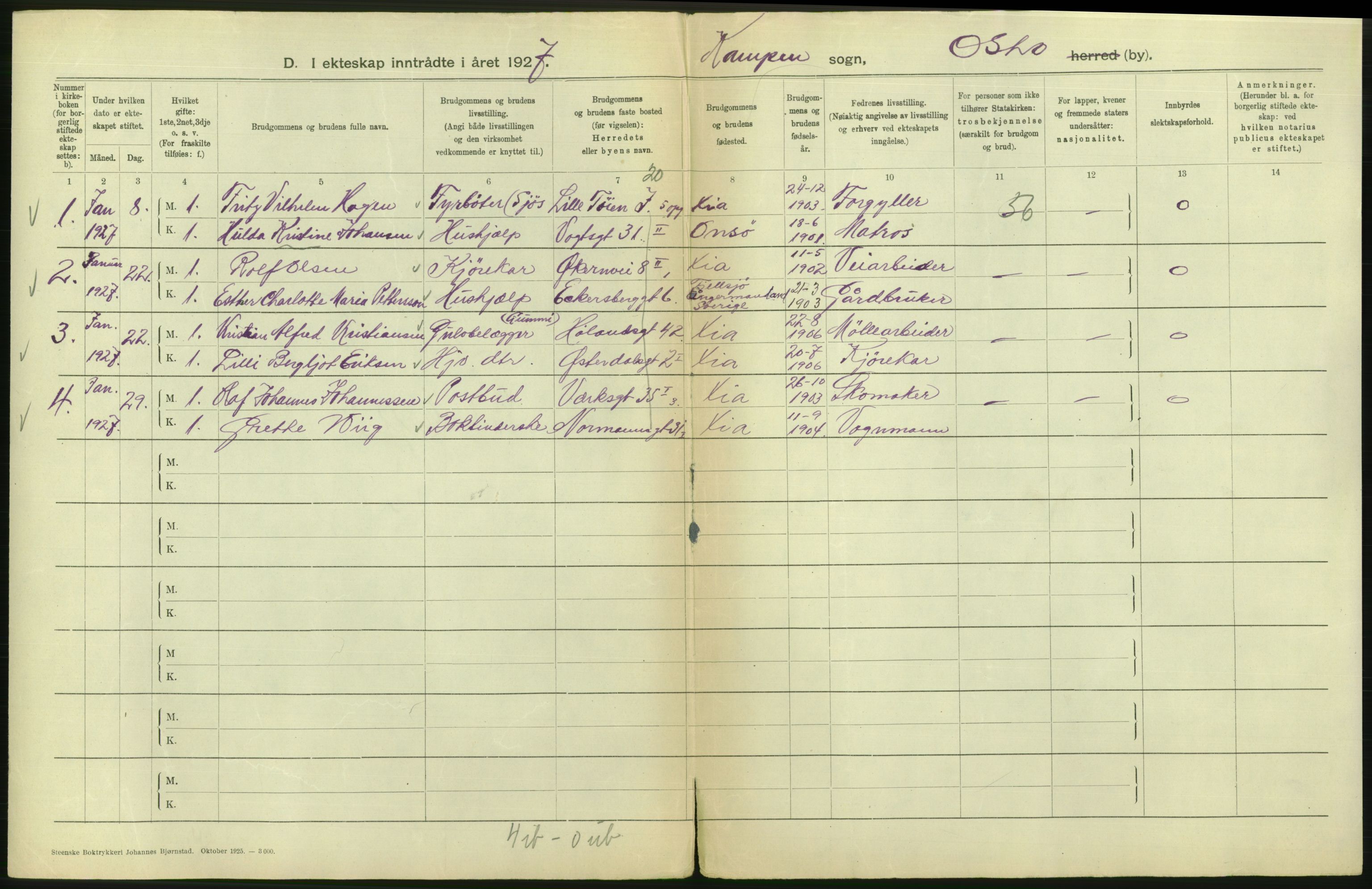 Statistisk sentralbyrå, Sosiodemografiske emner, Befolkning, AV/RA-S-2228/D/Df/Dfc/Dfcg/L0008: Oslo: Gifte, 1927, s. 608