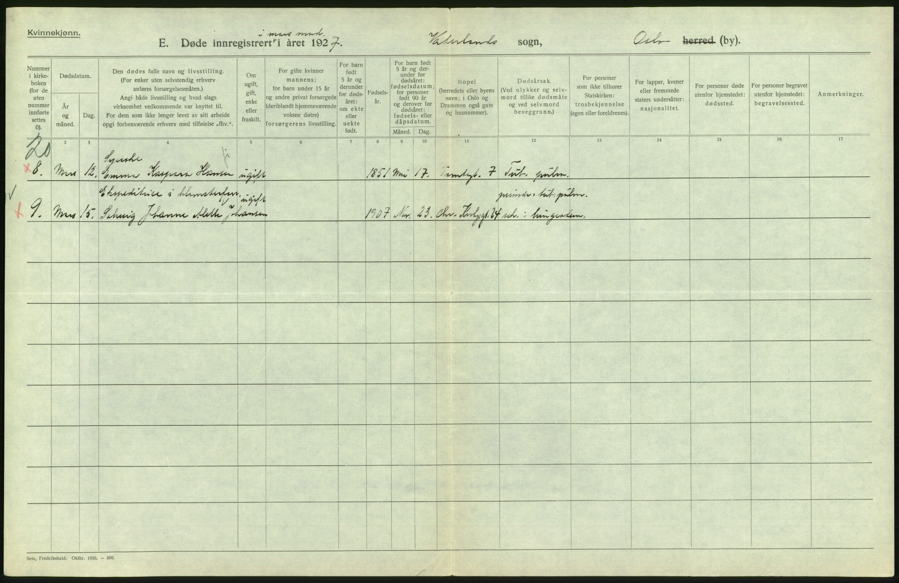 Statistisk sentralbyrå, Sosiodemografiske emner, Befolkning, AV/RA-S-2228/D/Df/Dfc/Dfcg/L0010: Oslo: Døde kvinner, dødfødte, 1927, s. 588