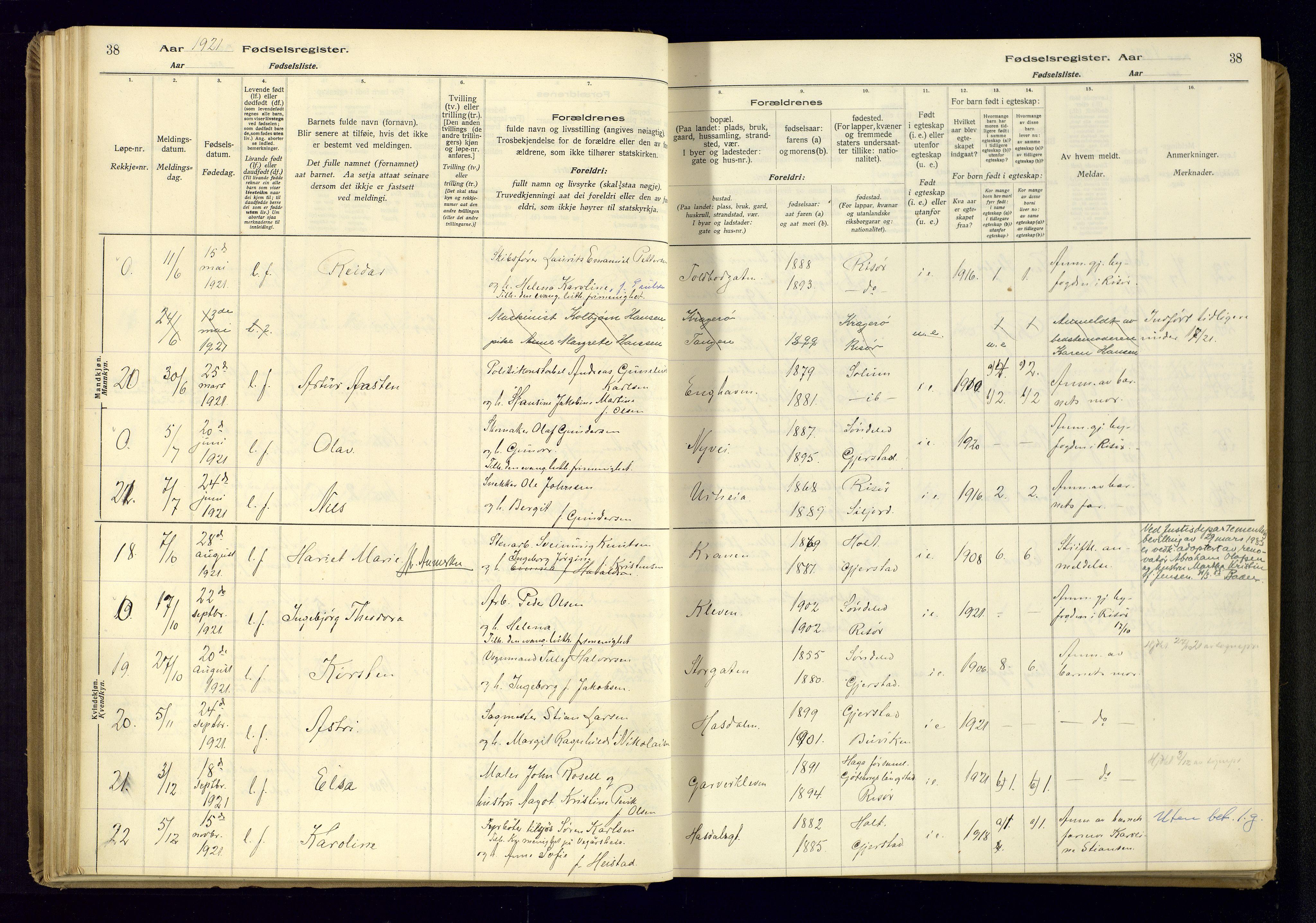 Risør sokneprestkontor, AV/SAK-1111-0035/J/Ja/L0001: Fødselsregister nr. A-VI-13, 1916-1947, s. 38