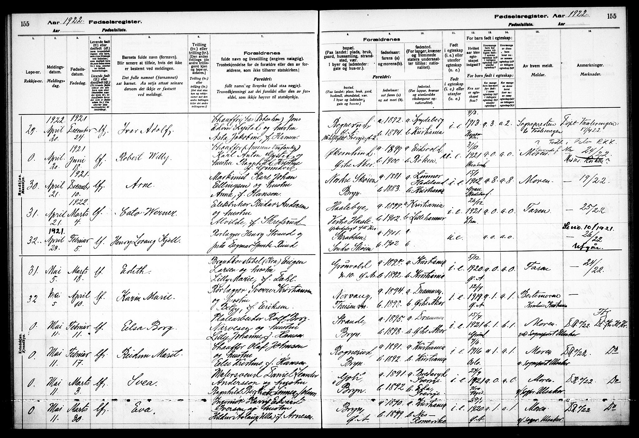 Østre Aker prestekontor Kirkebøker, AV/SAO-A-10840/J/Ja/L0001: Fødselsregister nr. I 1, 1916-1923, s. 155