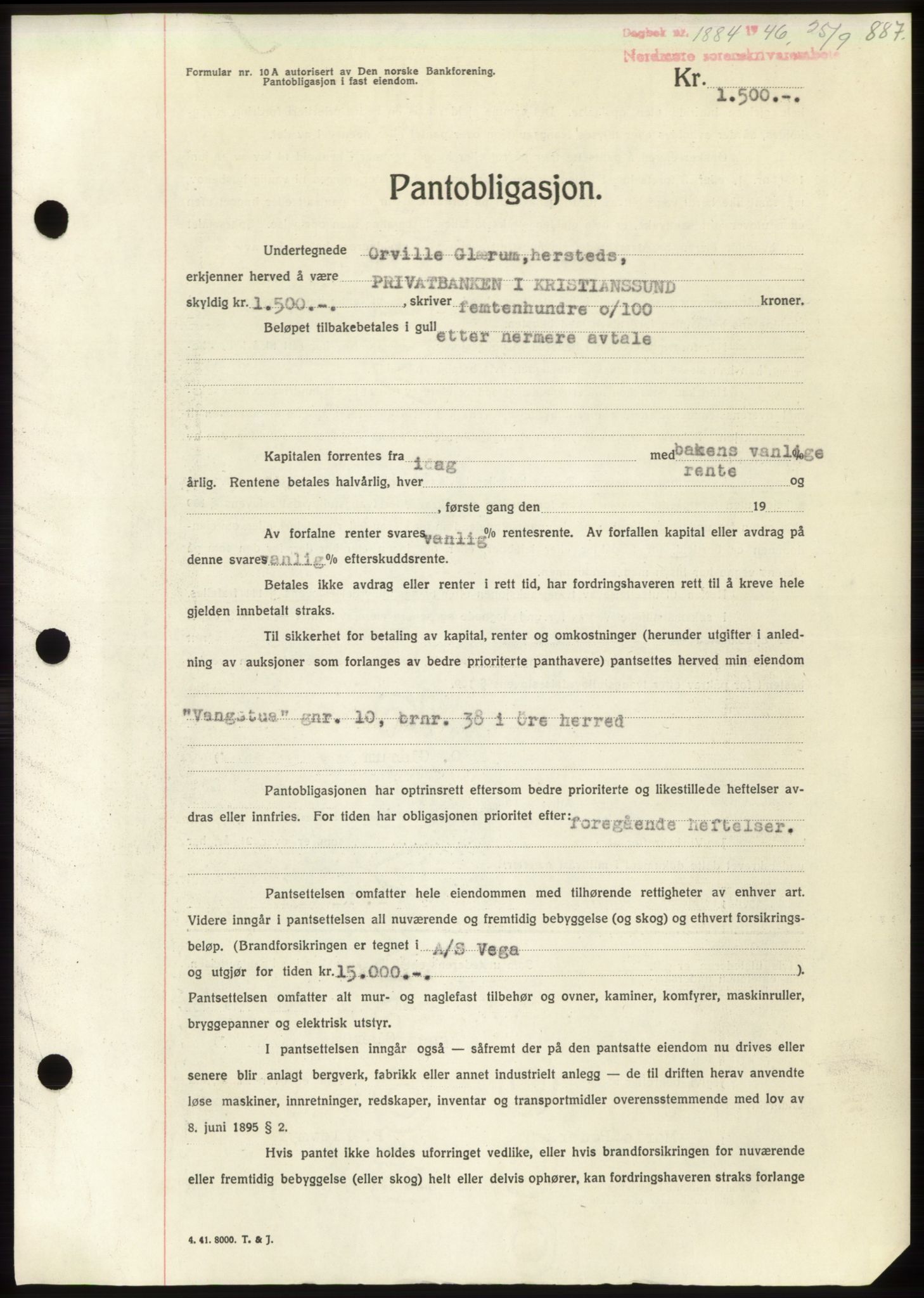 Nordmøre sorenskriveri, SAT/A-4132/1/2/2Ca: Pantebok nr. B94, 1946-1946, Dagboknr: 1884/1946