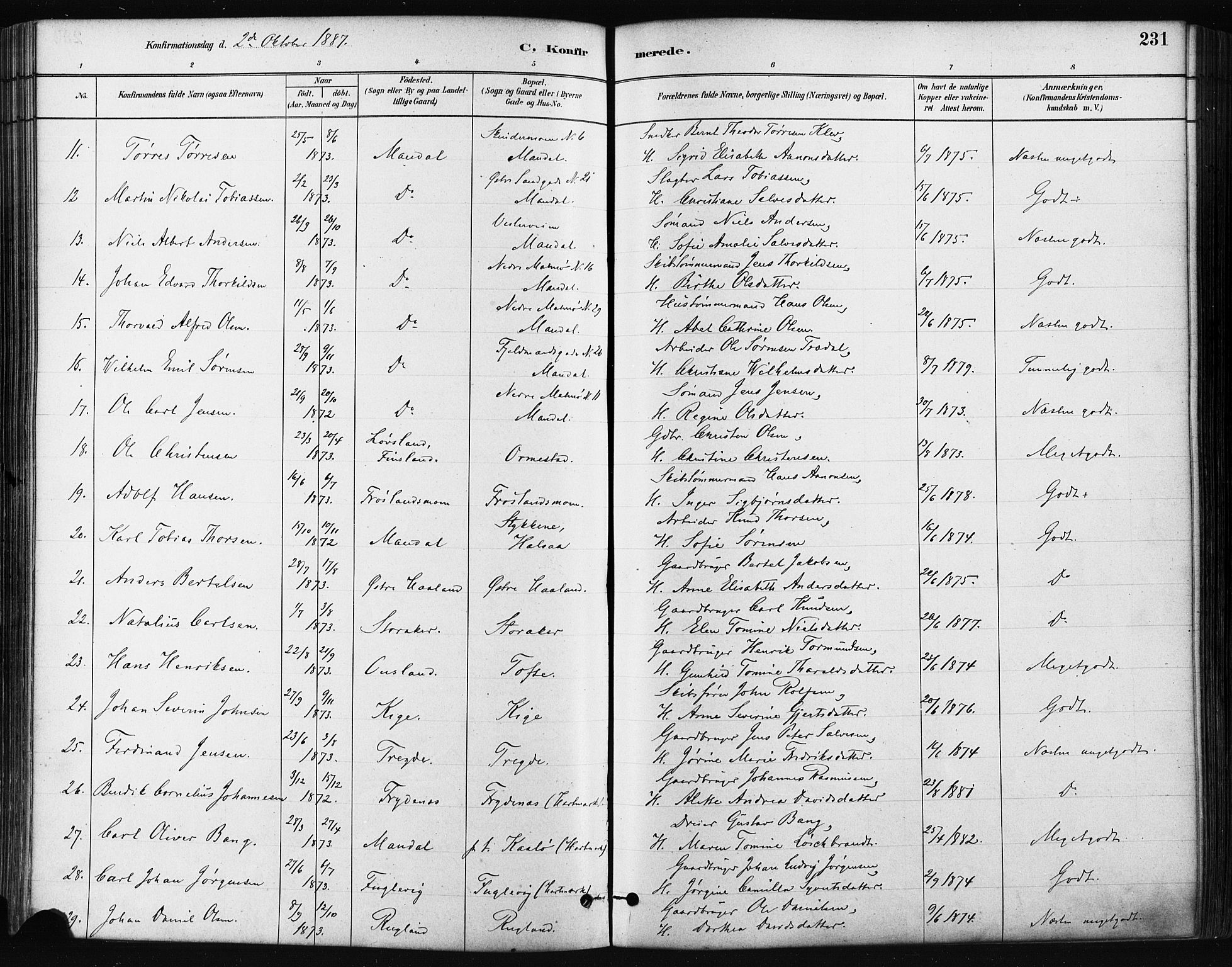 Mandal sokneprestkontor, AV/SAK-1111-0030/F/Fa/Faa/L0016: Ministerialbok nr. A 16, 1880-1890, s. 231