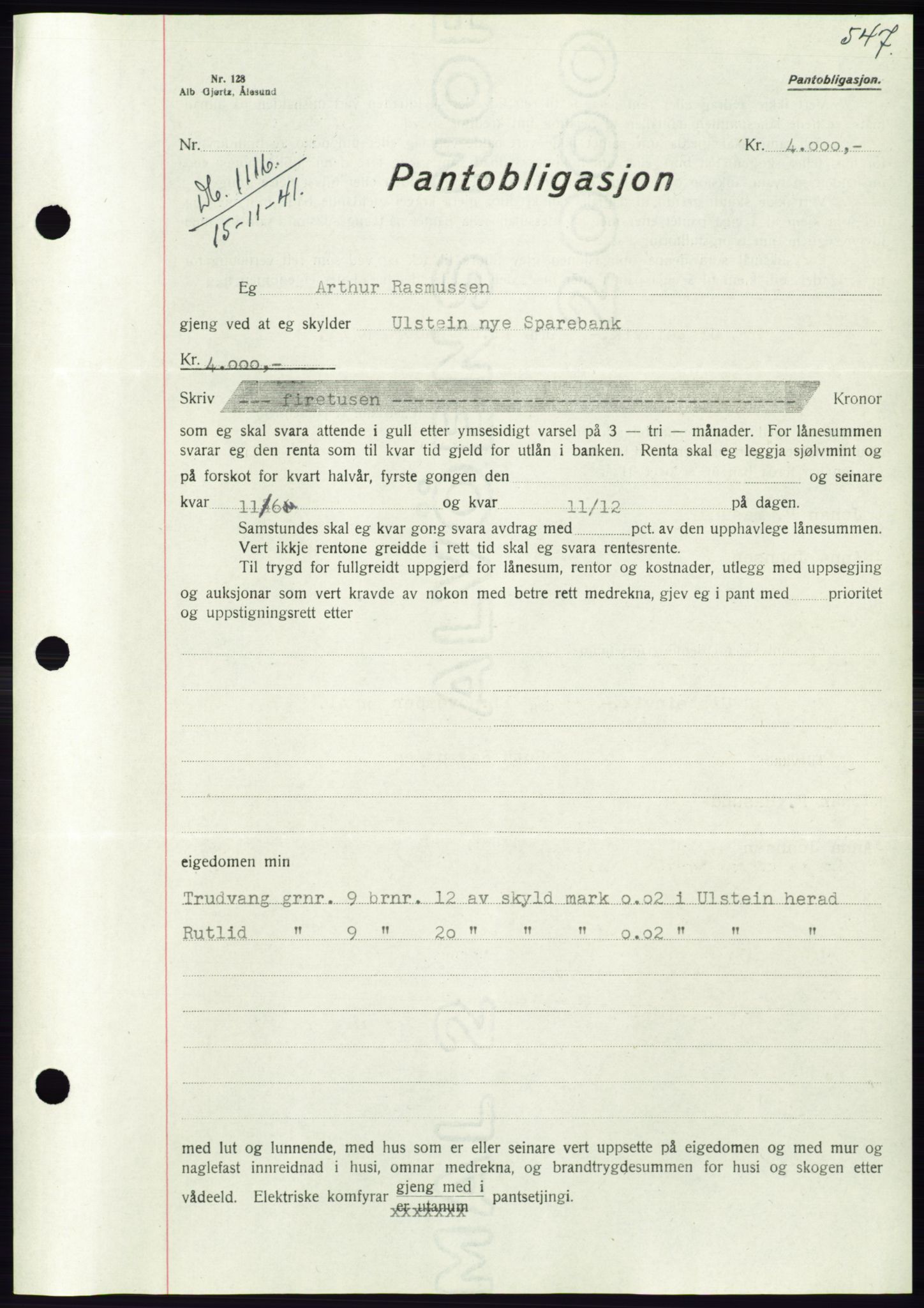 Søre Sunnmøre sorenskriveri, AV/SAT-A-4122/1/2/2C/L0071: Pantebok nr. 65, 1941-1941, Dagboknr: 1116/1941