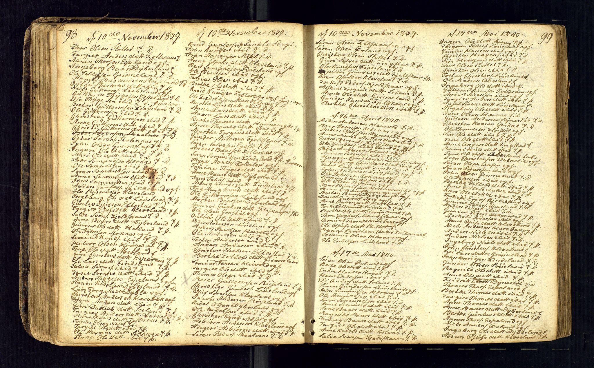 Bjelland sokneprestkontor, AV/SAK-1111-0005/F/Fc/Fcb/L0001: Kommunikantprotokoll nr. C-1, 1827-1906, s. 98-99