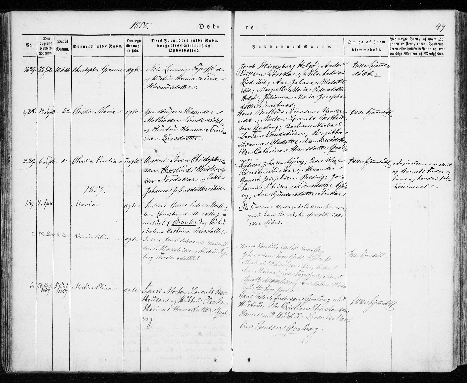 Karlsøy sokneprestembete, AV/SATØ-S-1299/H/Ha/Haa/L0009kirke: Ministerialbok nr. 9, 1838-1867, s. 44