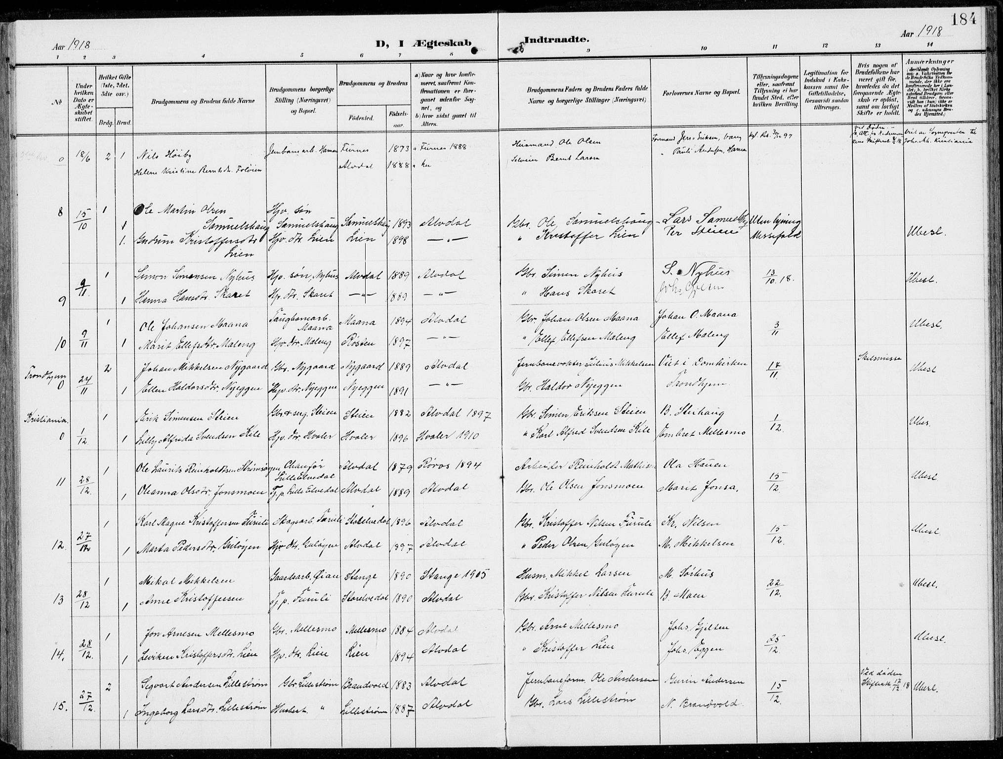 Alvdal prestekontor, AV/SAH-PREST-060/H/Ha/Haa/L0004: Ministerialbok nr. 4, 1907-1919, s. 184