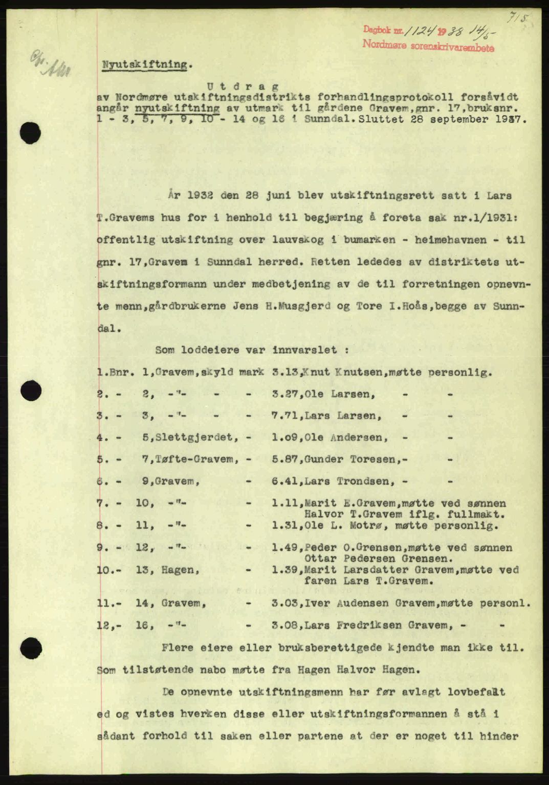 Nordmøre sorenskriveri, SAT/A-4132/1/2/2Ca: Pantebok nr. A83, 1938-1938, Dagboknr: 1124/1938