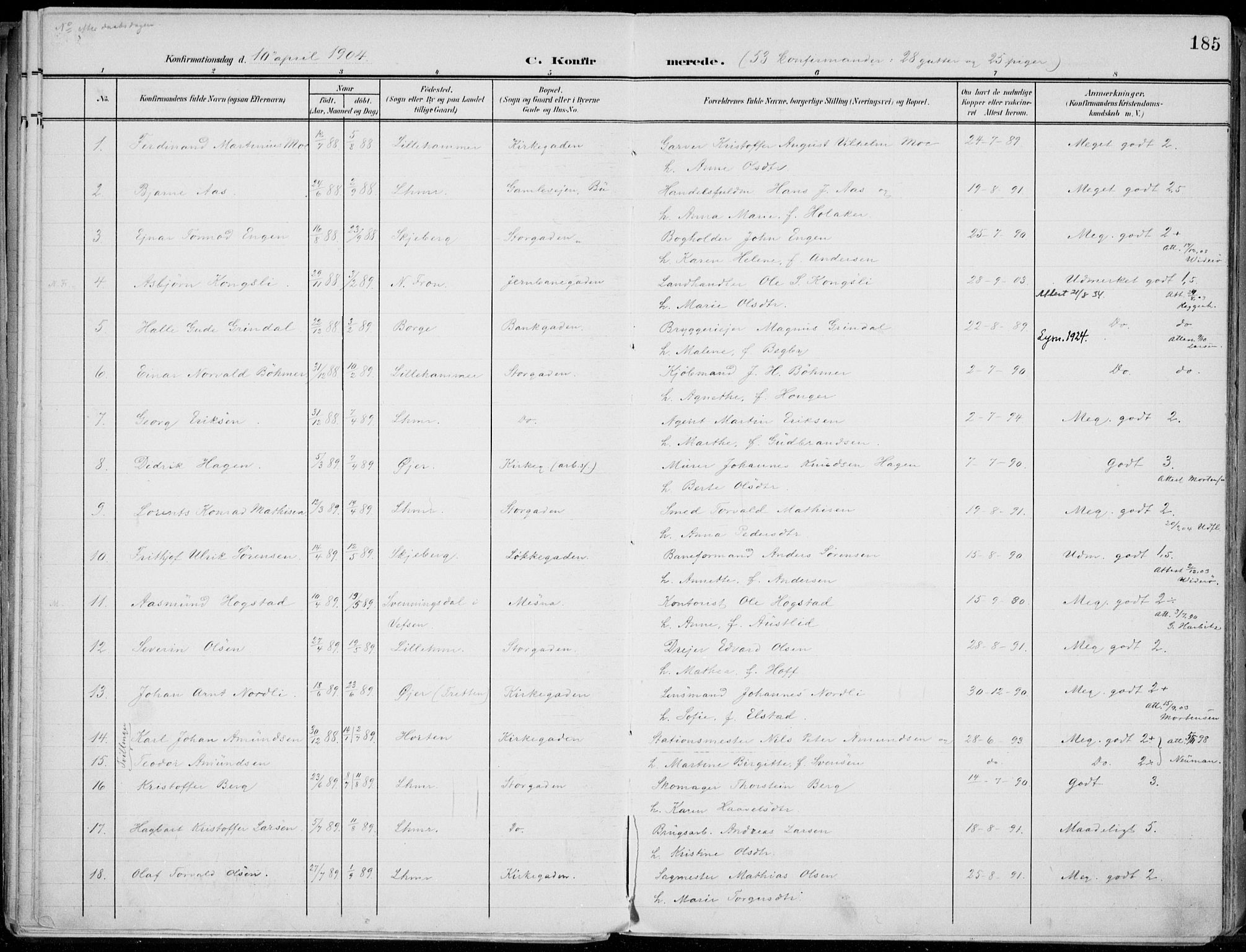 Lillehammer prestekontor, SAH/PREST-088/H/Ha/Haa/L0001: Ministerialbok nr. 1, 1901-1916, s. 185