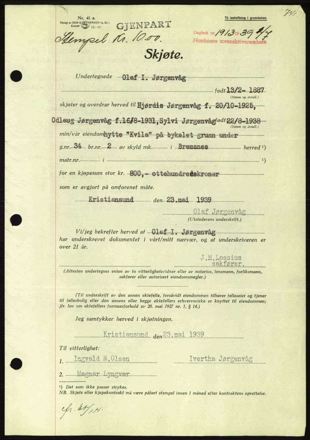 Nordmøre sorenskriveri, SAT/A-4132/1/2/2Ca: Pantebok nr. A86, 1939-1939, Dagboknr: 1913/1939