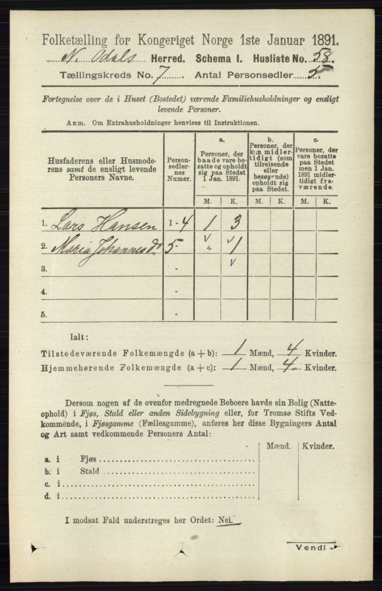 RA, Folketelling 1891 for 0418 Nord-Odal herred, 1891, s. 2830