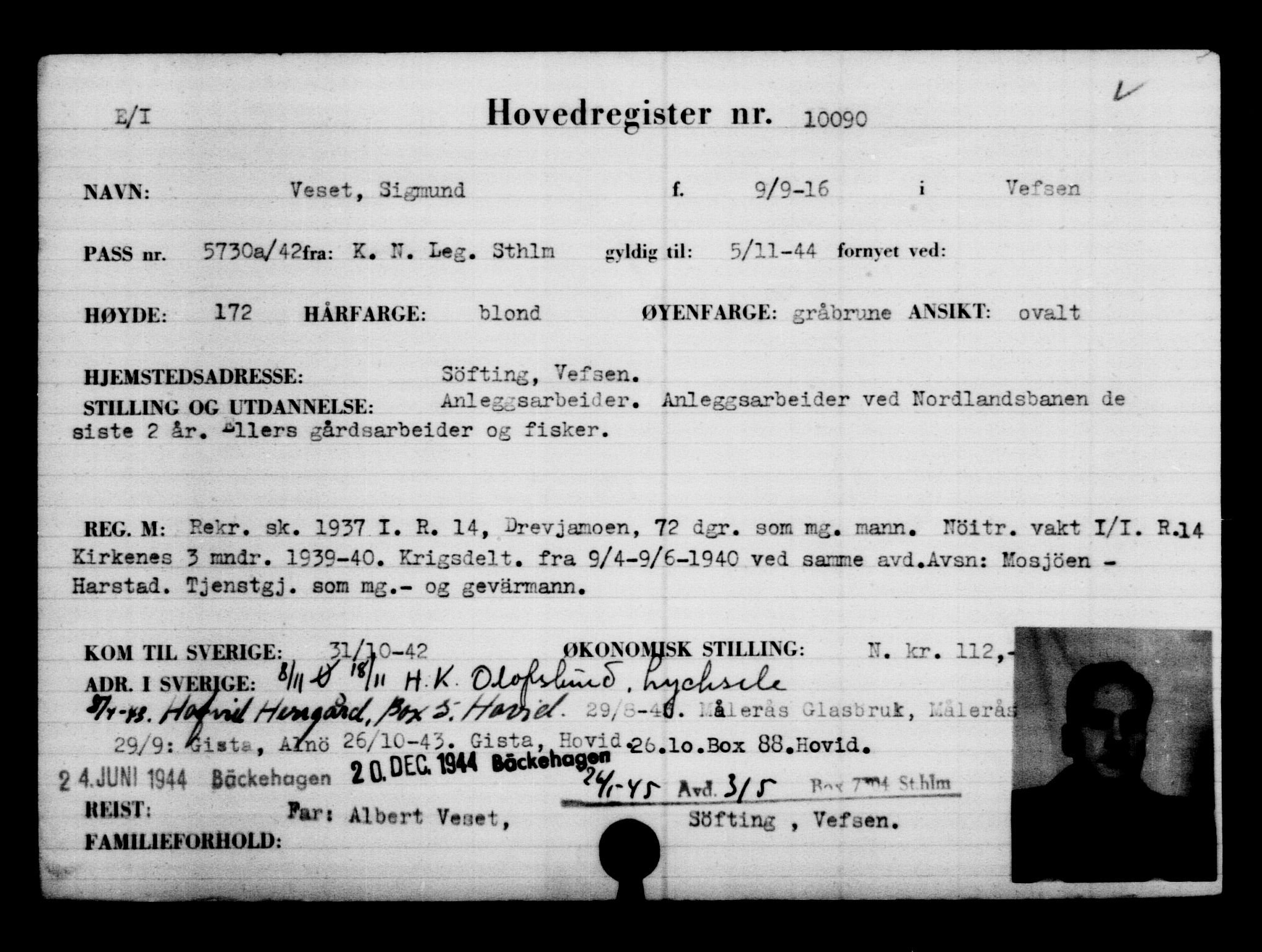 Utenriksstasjonene, Legasjonen i Stockholm, Flyktningkontoret, AV/RA-S-6753/V/Va/L0006: Kjesäterkartoteket, flyktninger med registreringsnr. 9400-12711, 1940-1945, s. 788