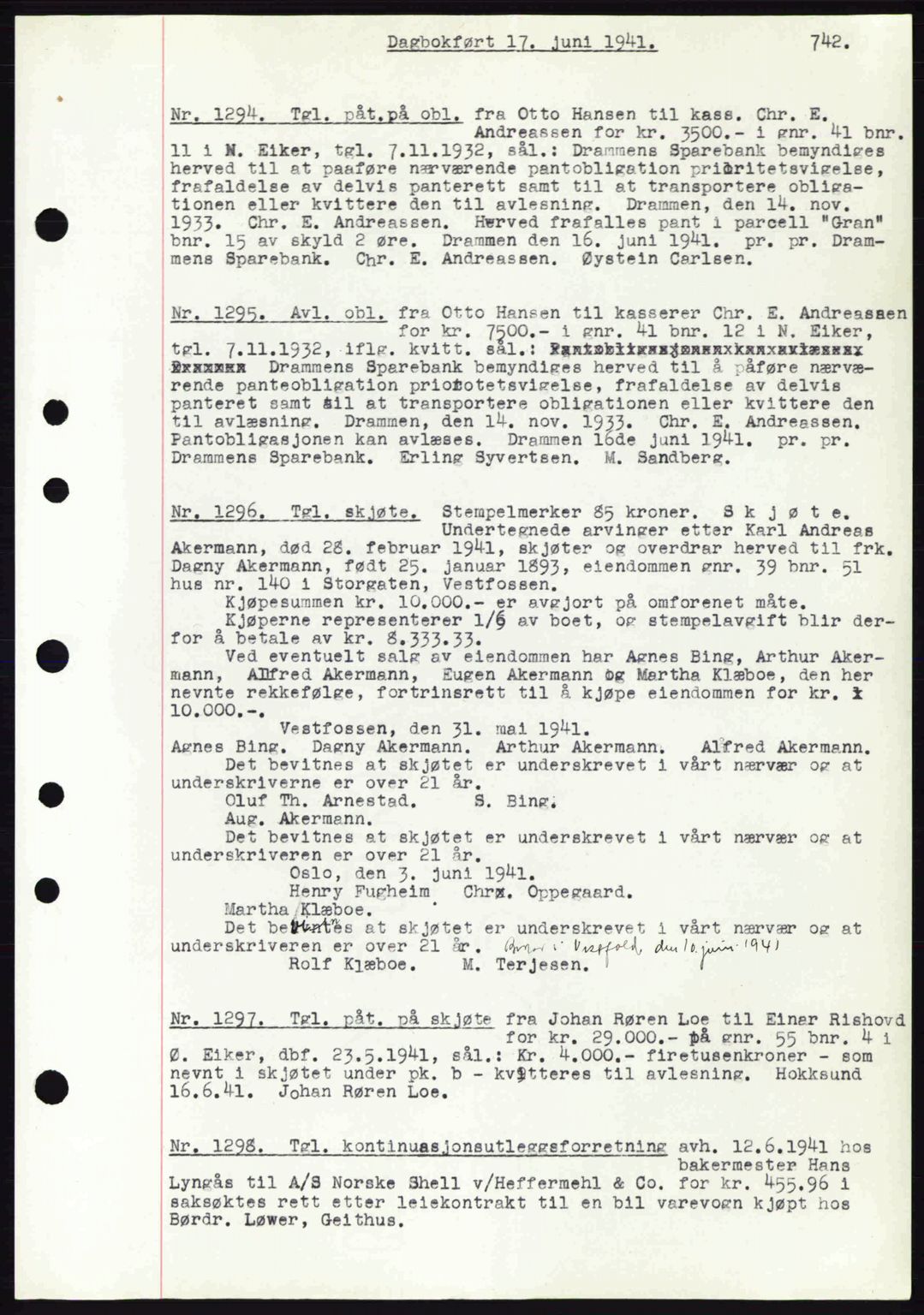 Eiker, Modum og Sigdal sorenskriveri, SAKO/A-123/G/Ga/Gab/L0043: Pantebok nr. A13, 1940-1941, Dagboknr: 1294/1941