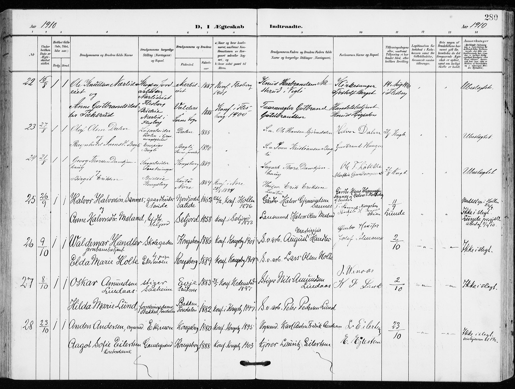 Kongsberg kirkebøker, AV/SAKO-A-22/F/Fb/L0004: Ministerialbok nr. II 4, 1906-1918, s. 280