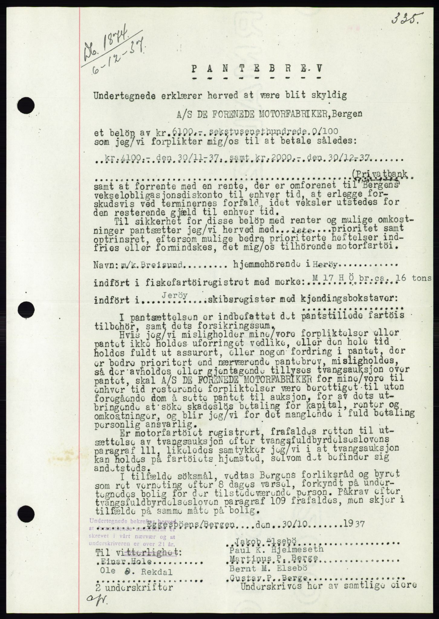 Søre Sunnmøre sorenskriveri, AV/SAT-A-4122/1/2/2C/L0064: Pantebok nr. 58, 1937-1938, Dagboknr: 1874/1937