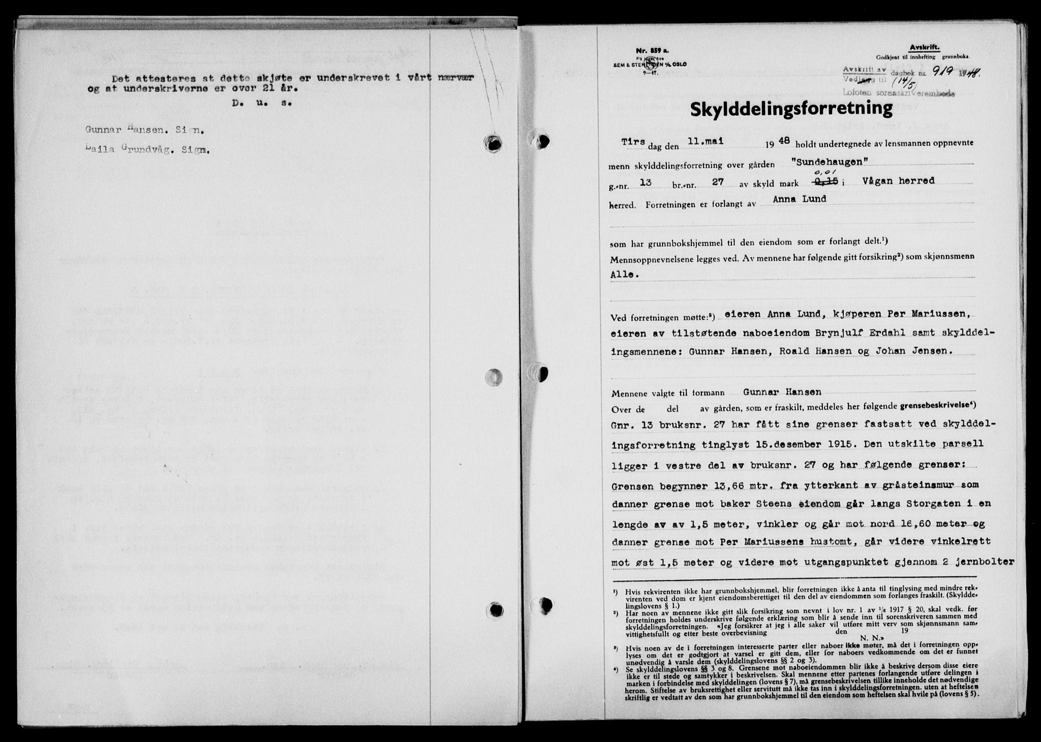 Lofoten sorenskriveri, SAT/A-0017/1/2/2C/L0018a: Pantebok nr. 18a, 1948-1948, Dagboknr: 919/1948