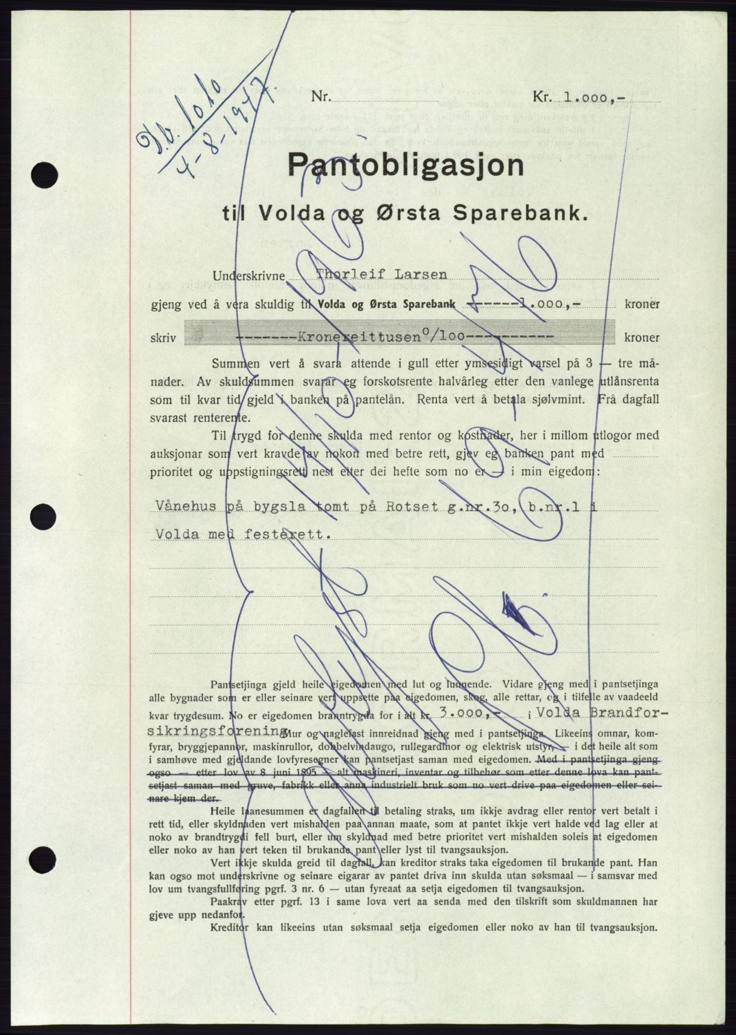 Søre Sunnmøre sorenskriveri, AV/SAT-A-4122/1/2/2C/L0115: Pantebok nr. 3B, 1947-1948, Dagboknr: 1010/1947