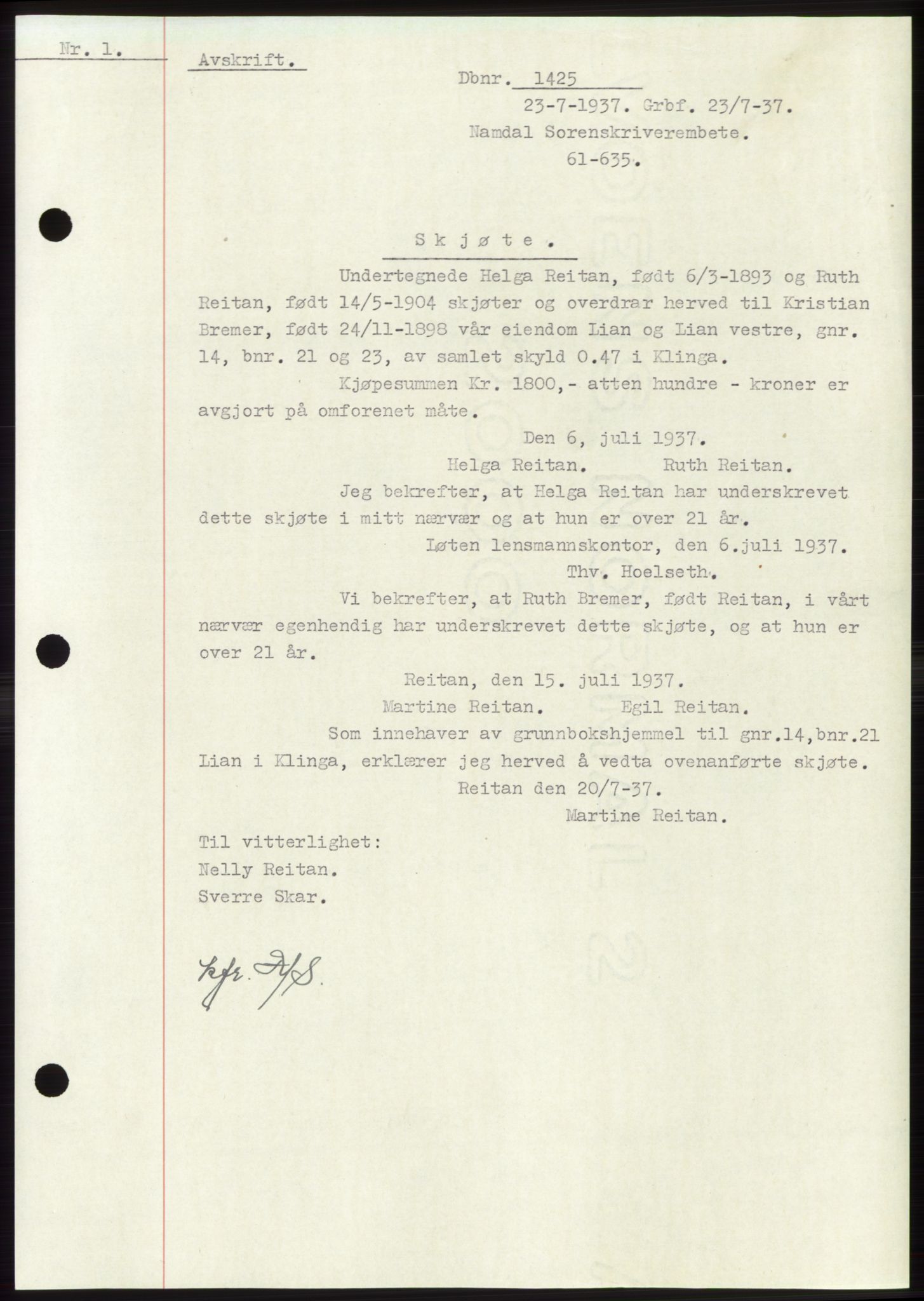 Namdal sorenskriveri, SAT/A-4133/1/2/2C: Pantebok nr. -, 1937-1939, Tingl.dato: 23.07.1937