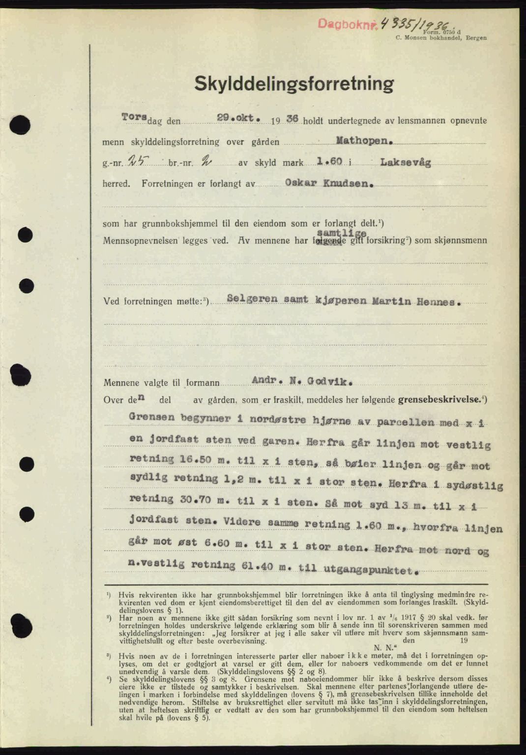 Midhordland sorenskriveri, SAB/A-3001/1/G/Gb/Gbk/L0001: Pantebok nr. A1-6, 1936-1937, Dagboknr: 4335/1936
