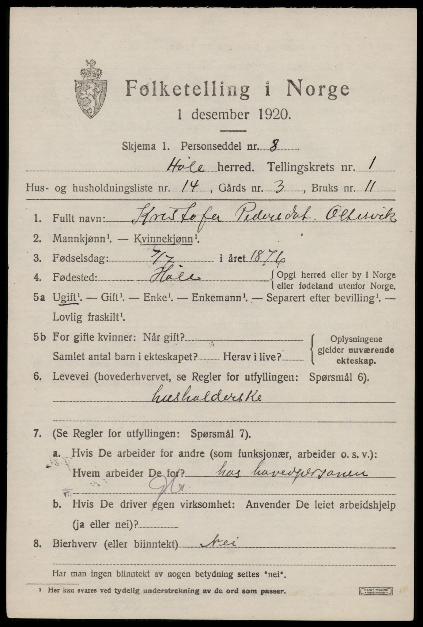 SAST, Folketelling 1920 for 1128 Høle herred, 1920, s. 663