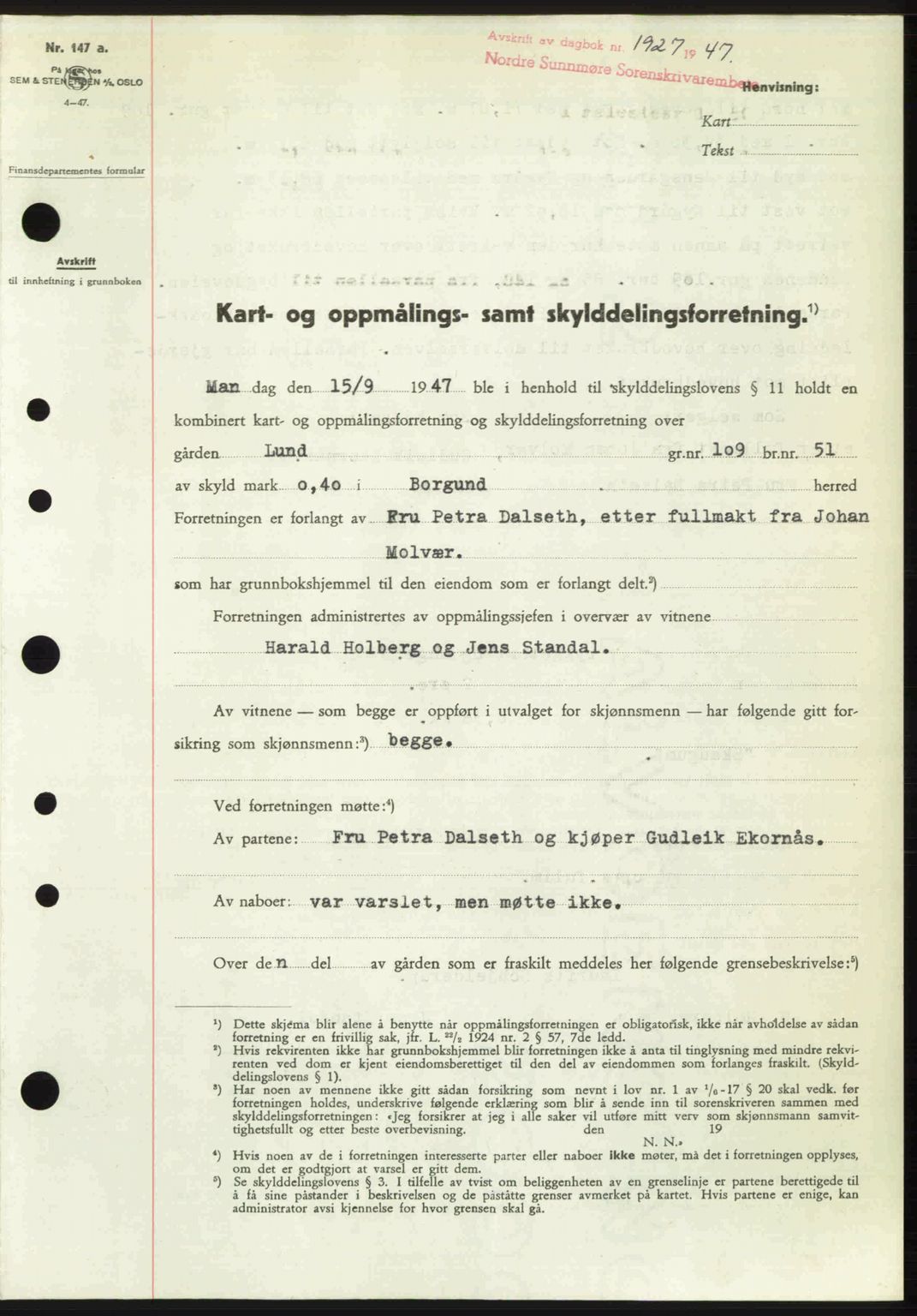 Nordre Sunnmøre sorenskriveri, AV/SAT-A-0006/1/2/2C/2Ca: Pantebok nr. A26, 1947-1948, Dagboknr: 1927/1947