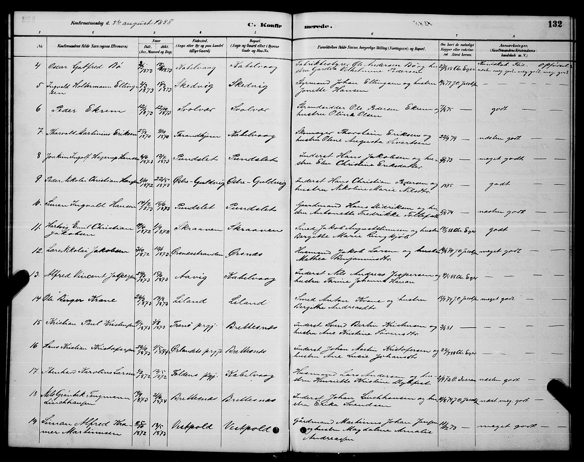 Ministerialprotokoller, klokkerbøker og fødselsregistre - Nordland, AV/SAT-A-1459/874/L1076: Klokkerbok nr. 874C05, 1884-1890, s. 132