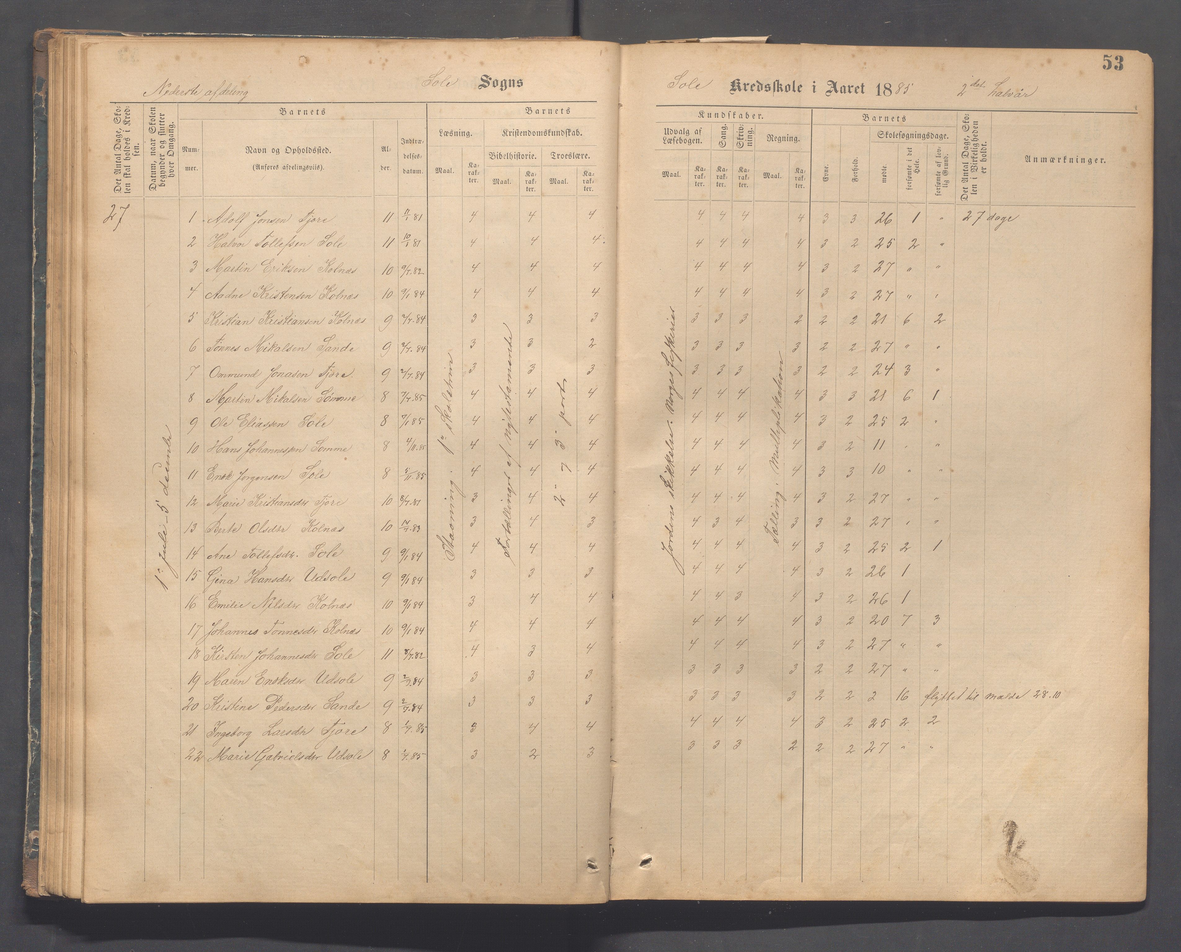 Håland kommune - Sola skole, IKAR/K-102440/F/L0001: Skoleprotokoll, 1877-1889, s. 52b-53a