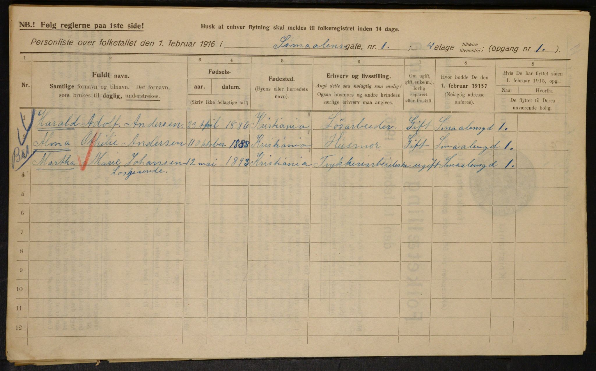 OBA, Kommunal folketelling 1.2.1916 for Kristiania, 1916, s. 100166