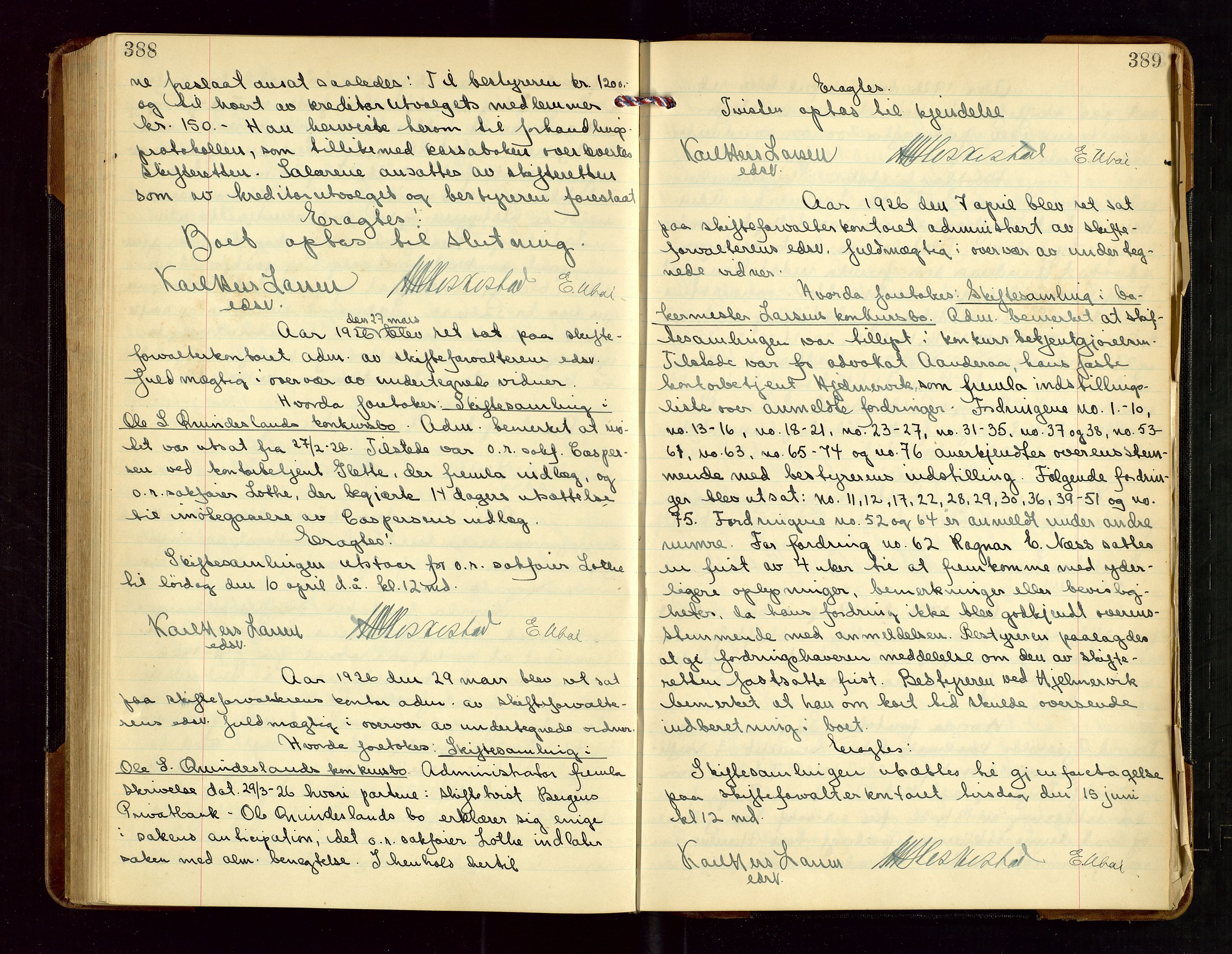 Haugesund tingrett, AV/SAST-A-101415/01/IV/IVC/L0004: Skifteforhandlingsprotokoll, med register, 1923-1926, s. 388-389