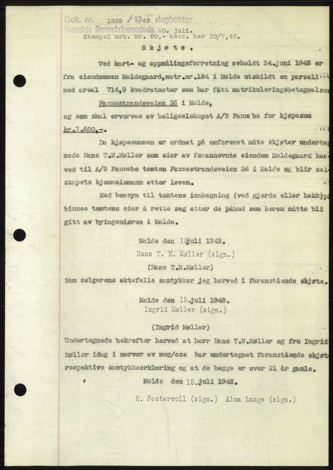 Romsdal sorenskriveri, SAT/A-4149/1/2/2C: Pantebok nr. A26, 1948-1948, Dagboknr: 1839/1948