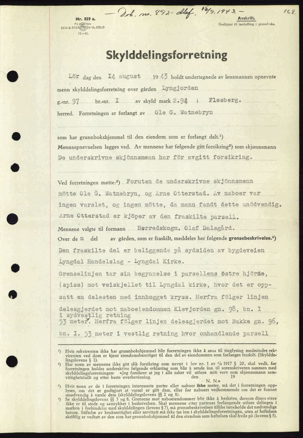 Numedal og Sandsvær sorenskriveri, SAKO/A-128/G/Ga/Gaa/L0055: Pantebok nr. A7, 1943-1944, Dagboknr: 892/1943