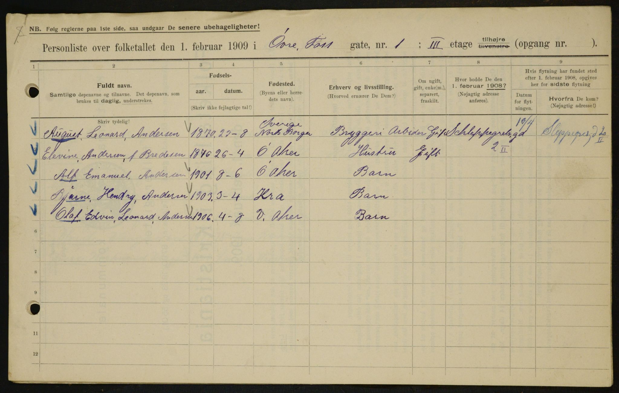 OBA, Kommunal folketelling 1.2.1909 for Kristiania kjøpstad, 1909, s. 117500