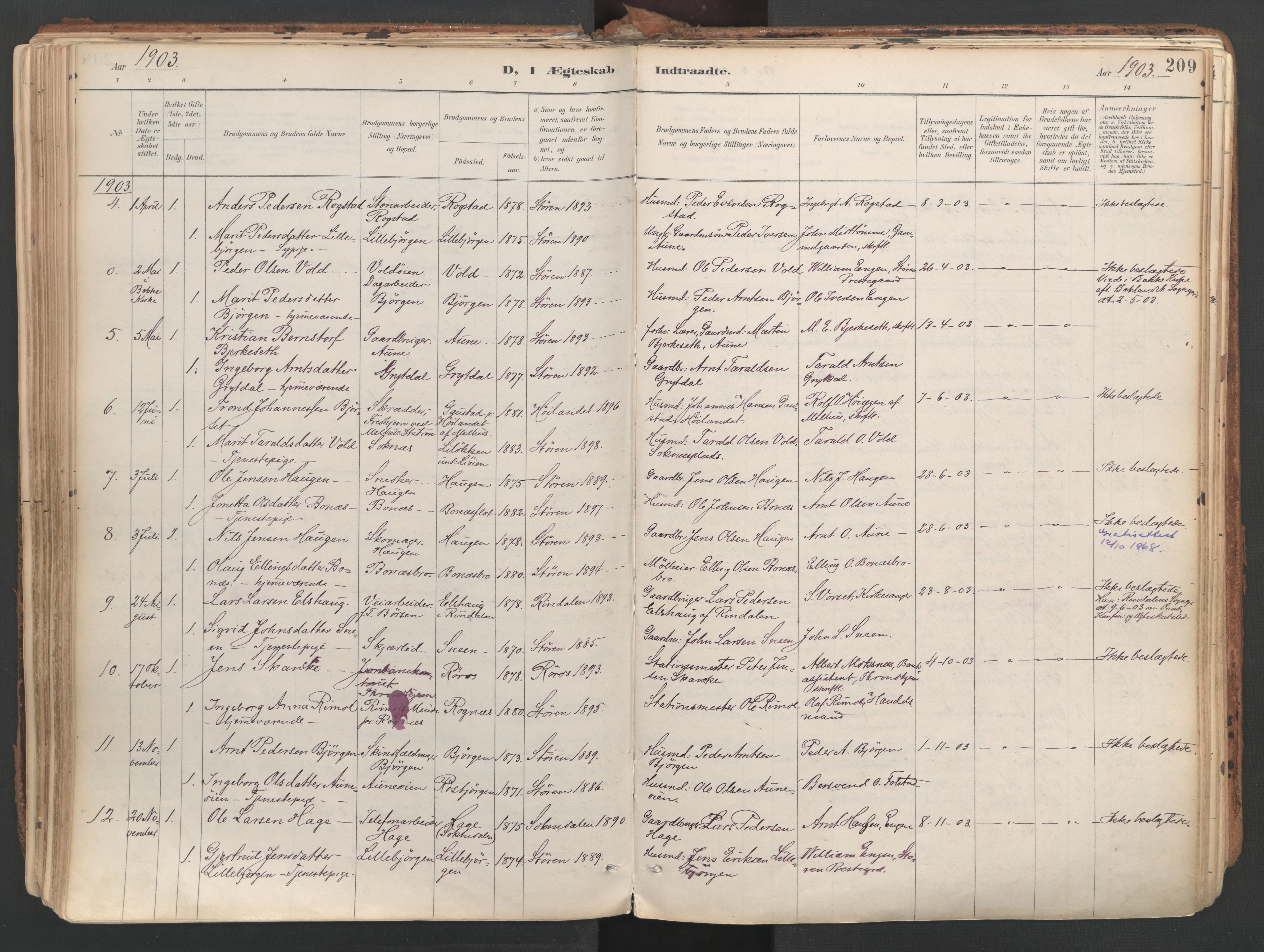 Ministerialprotokoller, klokkerbøker og fødselsregistre - Sør-Trøndelag, AV/SAT-A-1456/687/L1004: Ministerialbok nr. 687A10, 1891-1923, s. 209