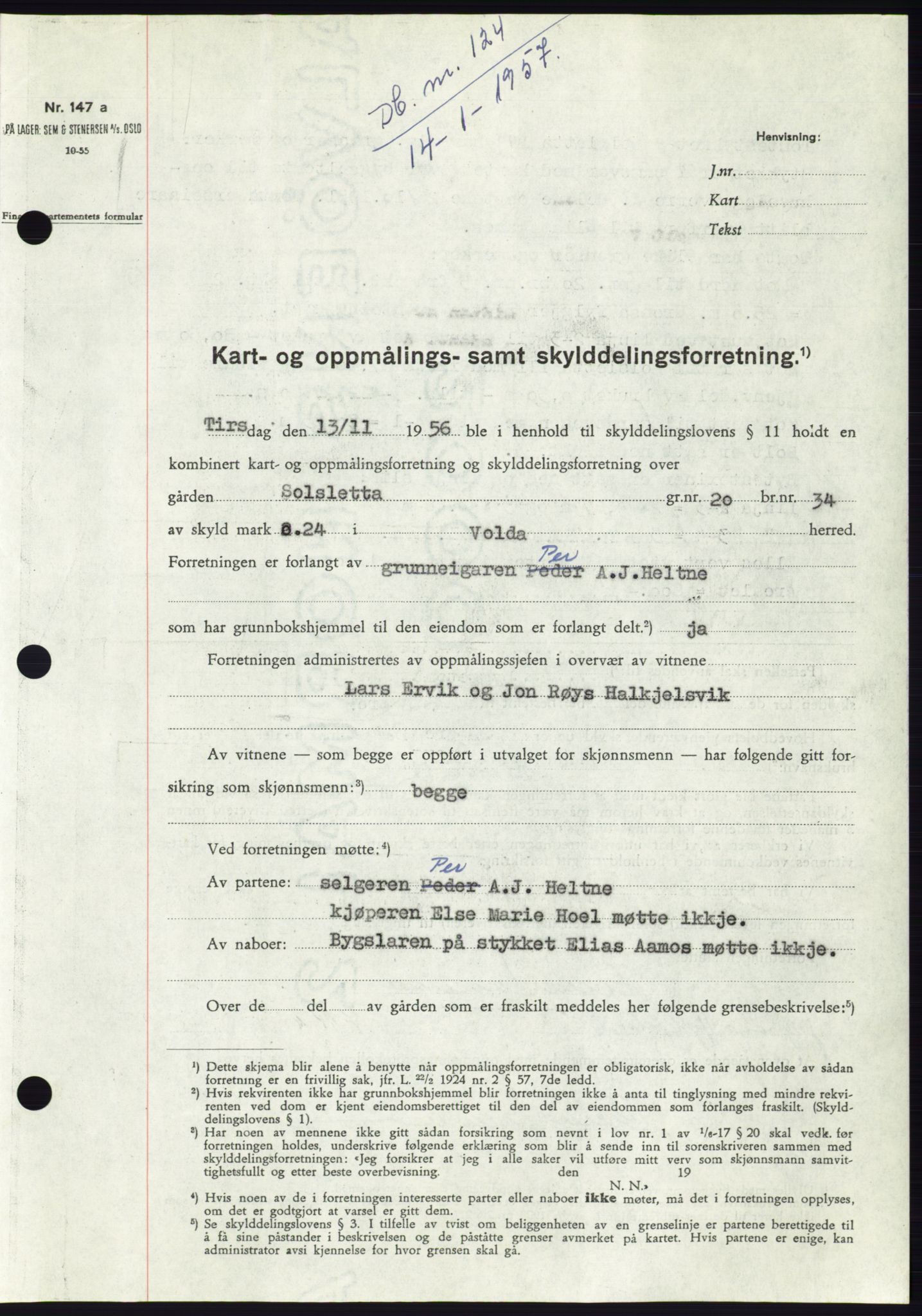 Søre Sunnmøre sorenskriveri, SAT/A-4122/1/2/2C/L0105: Pantebok nr. 31A, 1956-1957, Dagboknr: 124/1957