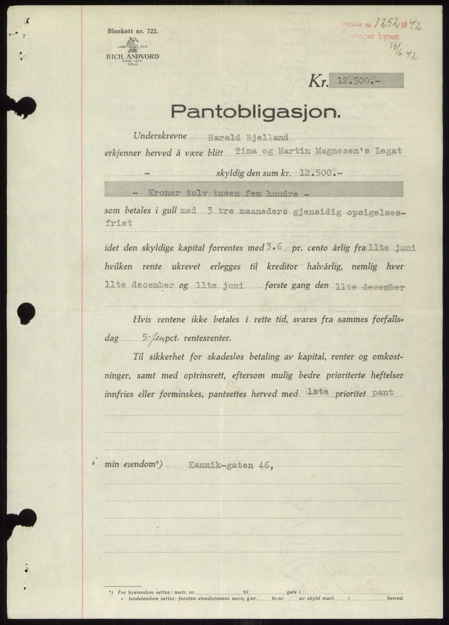 Stavanger byrett, AV/SAST-A-100455/002/G/Gb/L0033: Pantebok, 1936-1950, Dagboknr: 1252/1942