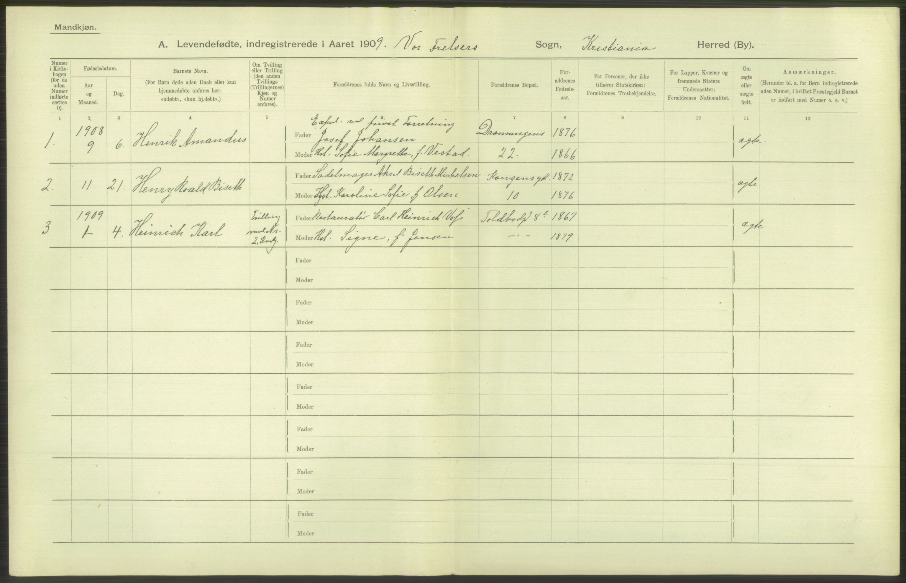 Statistisk sentralbyrå, Sosiodemografiske emner, Befolkning, AV/RA-S-2228/D/Df/Dfa/Dfag/L0007: Kristiania: Levendefødte menn og kvinner., 1909, s. 126