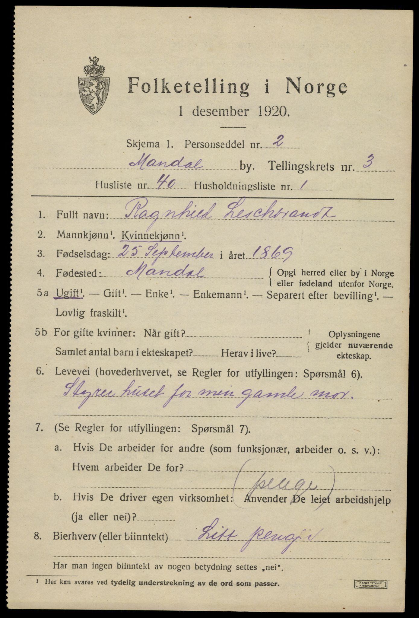 SAK, Folketelling 1920 for 1002 Mandal ladested, 1920, s. 5855