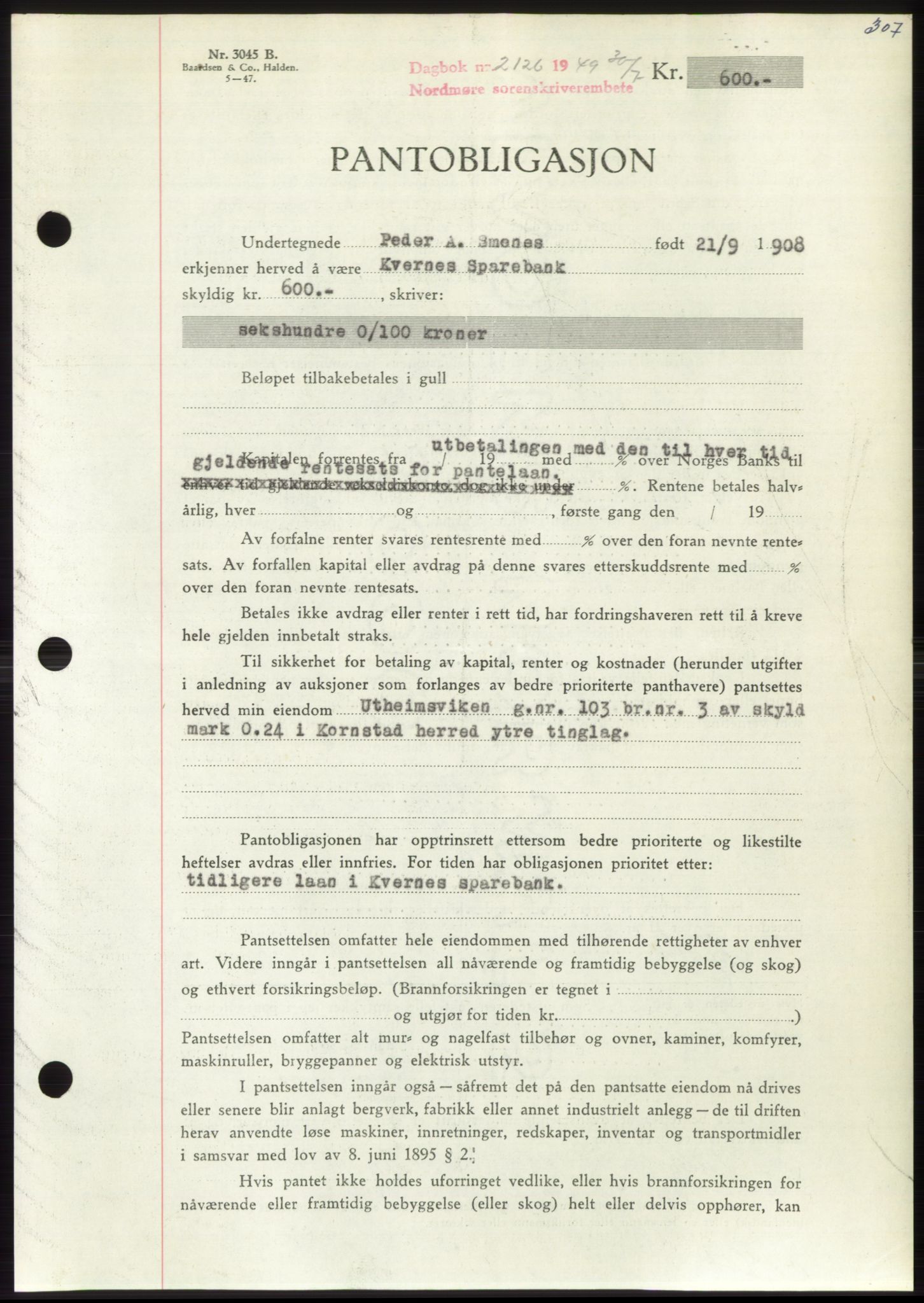 Nordmøre sorenskriveri, AV/SAT-A-4132/1/2/2Ca: Pantebok nr. B102, 1949-1949, Dagboknr: 2126/1949