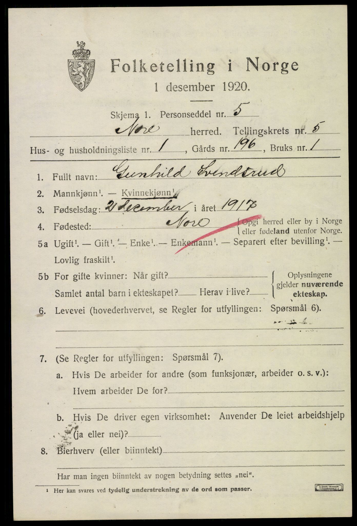 SAKO, Folketelling 1920 for 0633 Nore herred, 1920, s. 2218