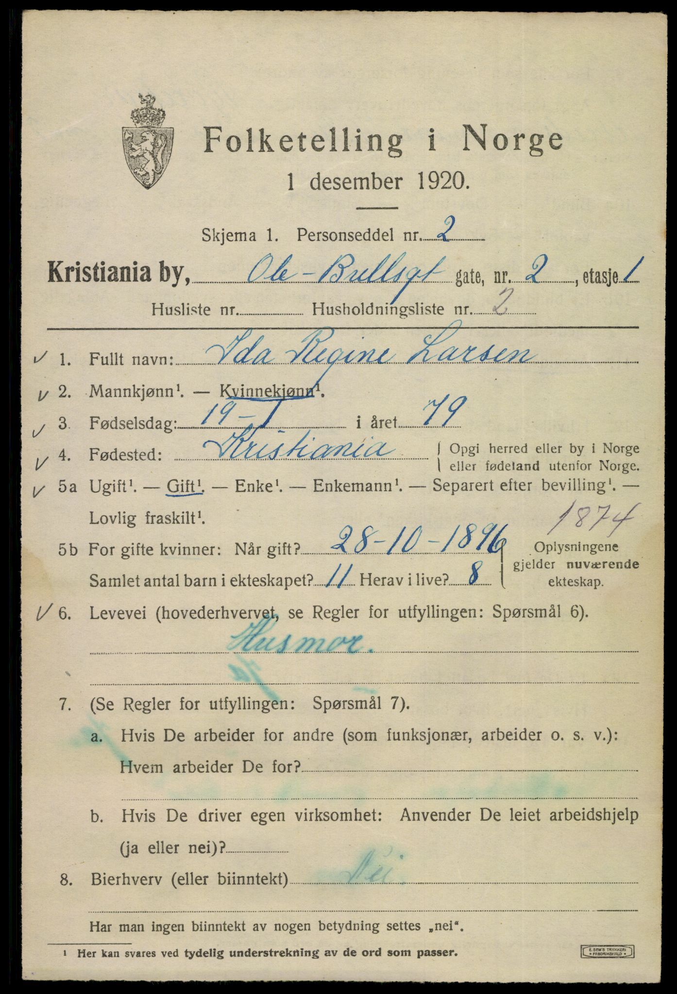 SAO, Folketelling 1920 for 0301 Kristiania kjøpstad, 1920, s. 432885