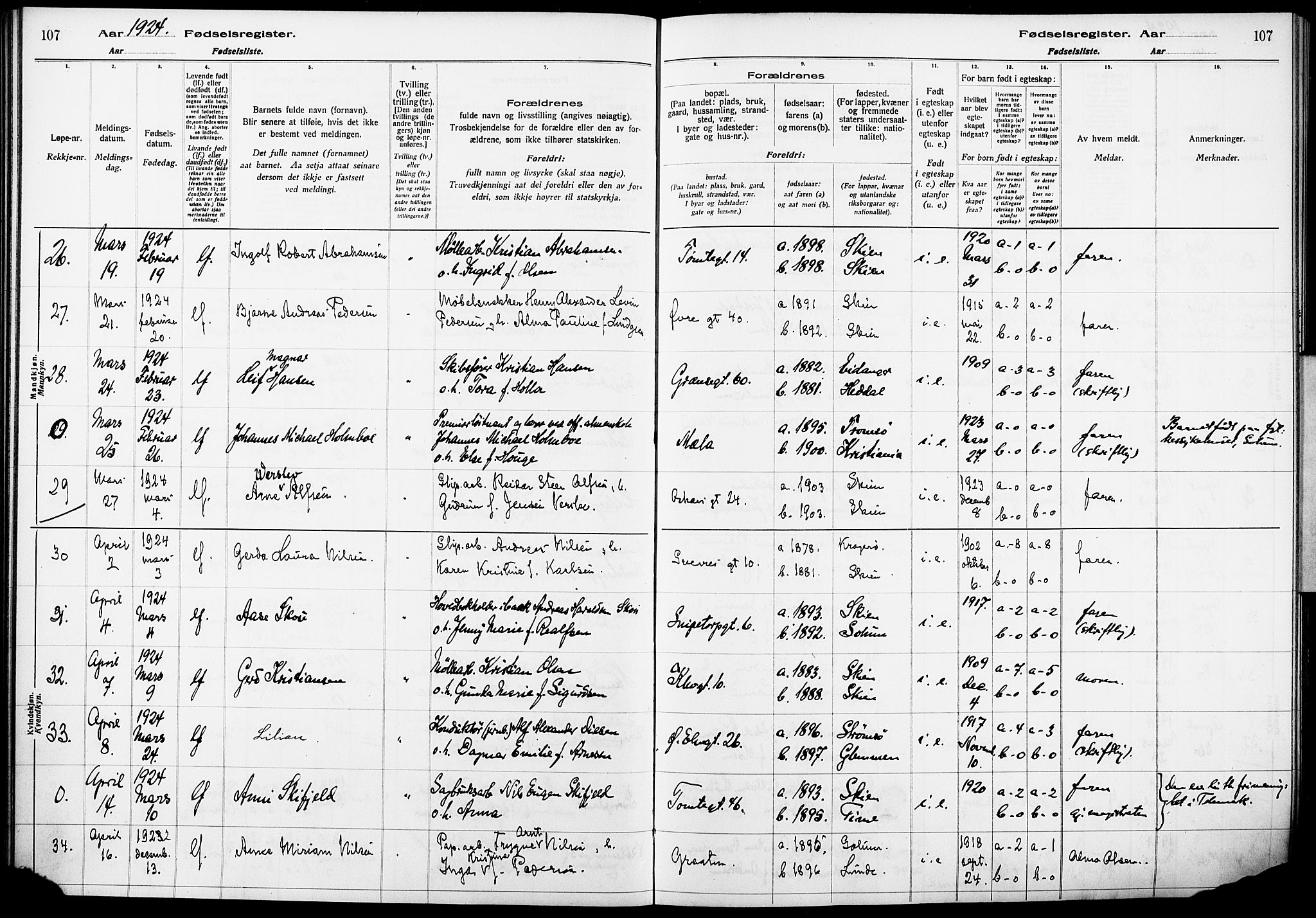 Skien kirkebøker, AV/SAKO-A-302/J/Ja/L0002: Fødselsregister nr. 2, 1921-1927, s. 107