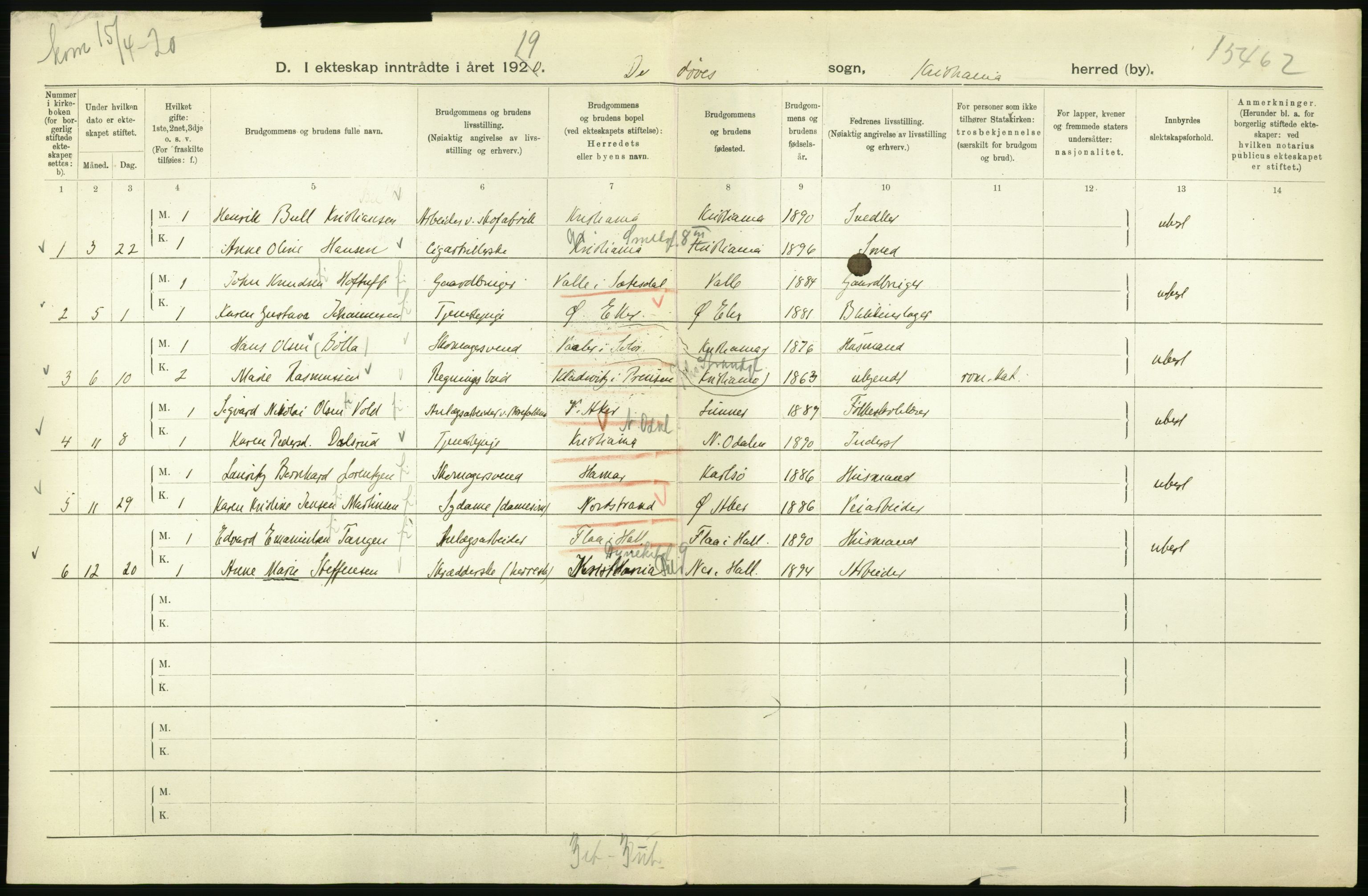 Statistisk sentralbyrå, Sosiodemografiske emner, Befolkning, RA/S-2228/D/Df/Dfb/Dfbi/L0009: Kristiania: Gifte, 1919, s. 750