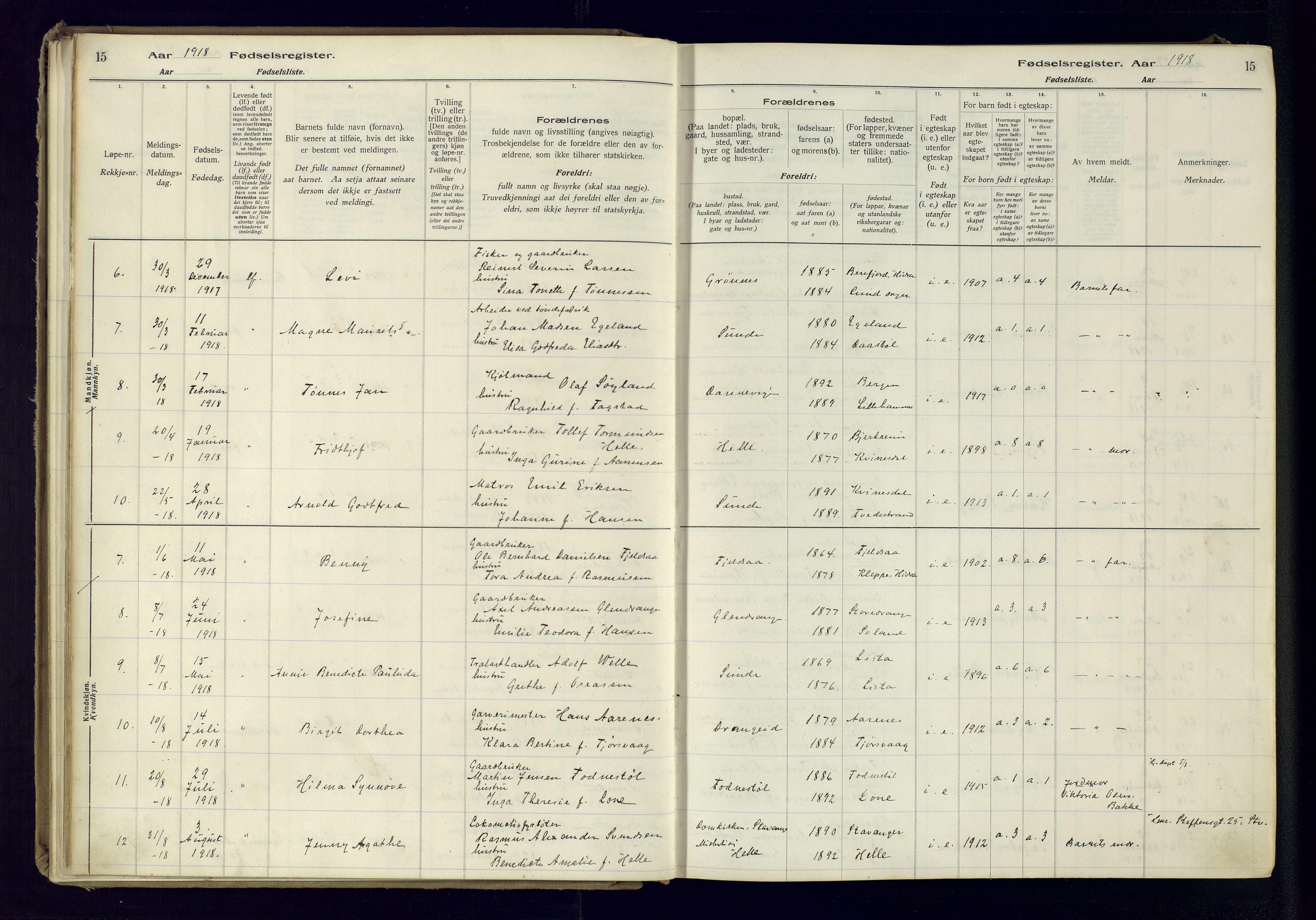 Flekkefjord sokneprestkontor, AV/SAK-1111-0012/J/Ja/L0005: Fødselsregister nr. 5, 1916-1950, s. 15