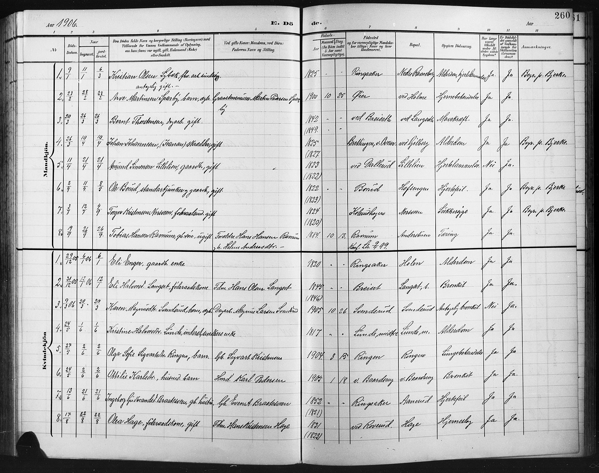 Fåberg prestekontor, AV/SAH-PREST-086/H/Ha/Hab/L0012: Klokkerbok nr. 12, 1903-1924, s. 260