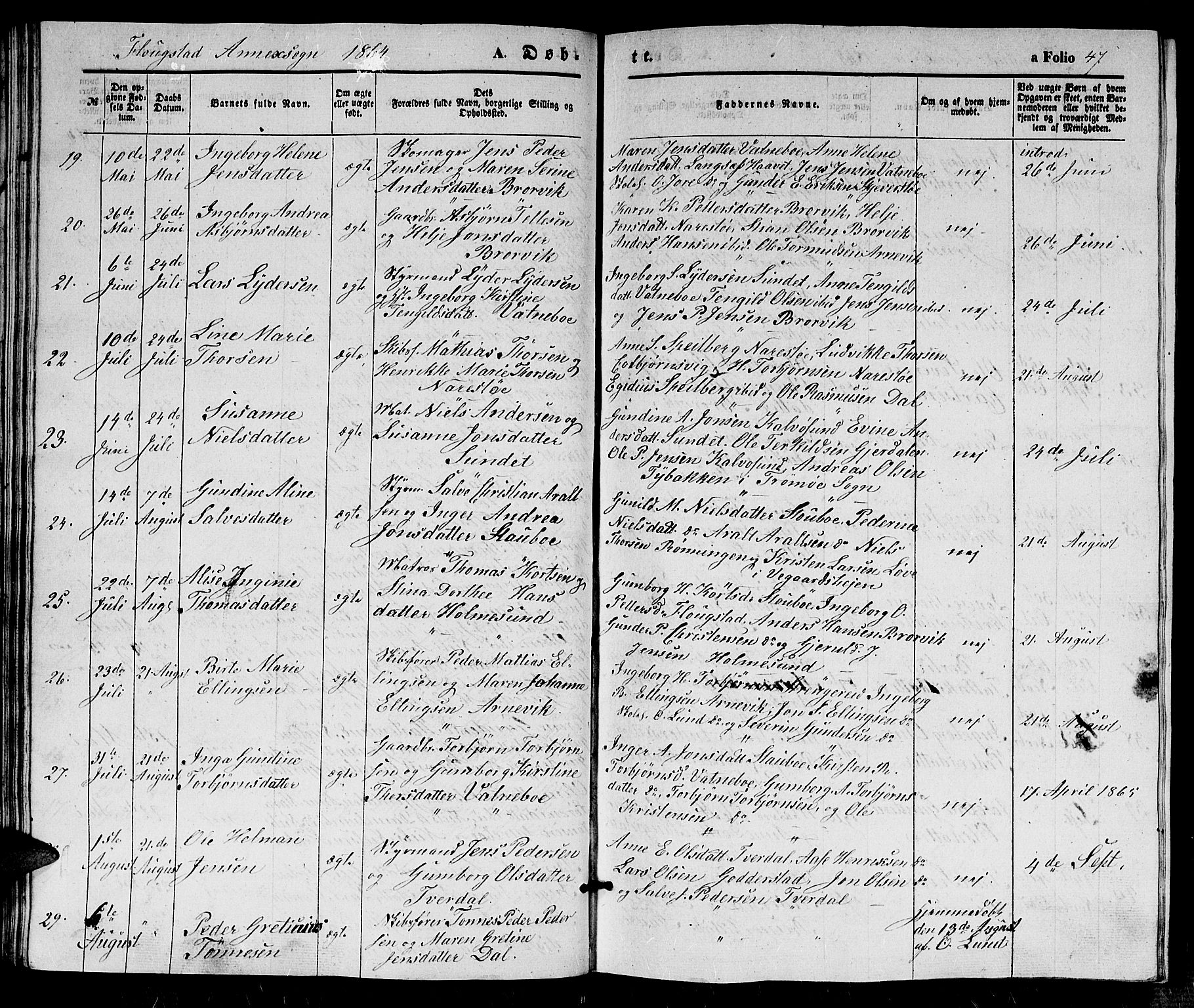 Dypvåg sokneprestkontor, AV/SAK-1111-0007/F/Fb/Fbb/L0002: Klokkerbok nr. B 2, 1851-1871, s. 47